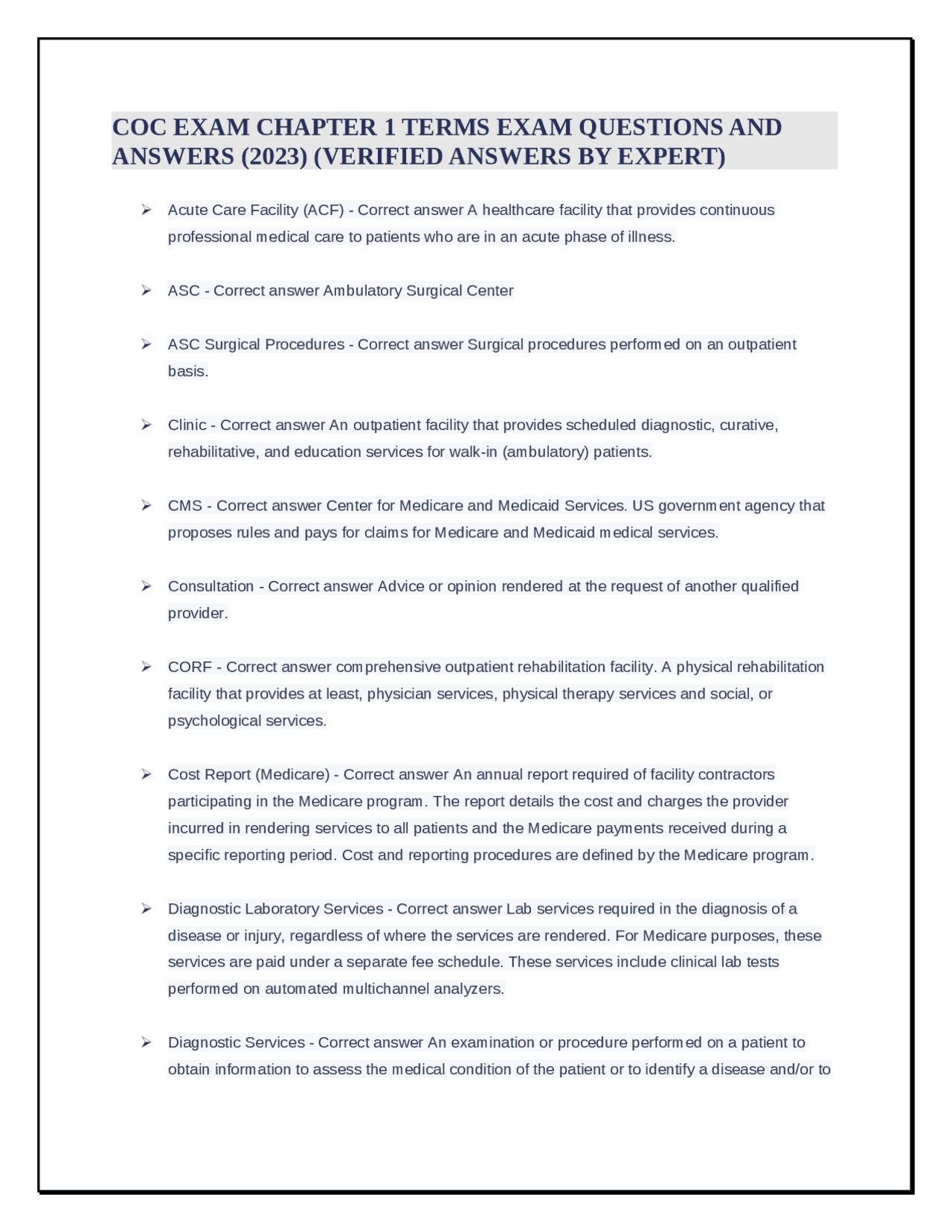 COC EXAM CHAPTER 1 TERMS EXAM QUESTIONS AND ANSWERS (2023) (VERIFIED