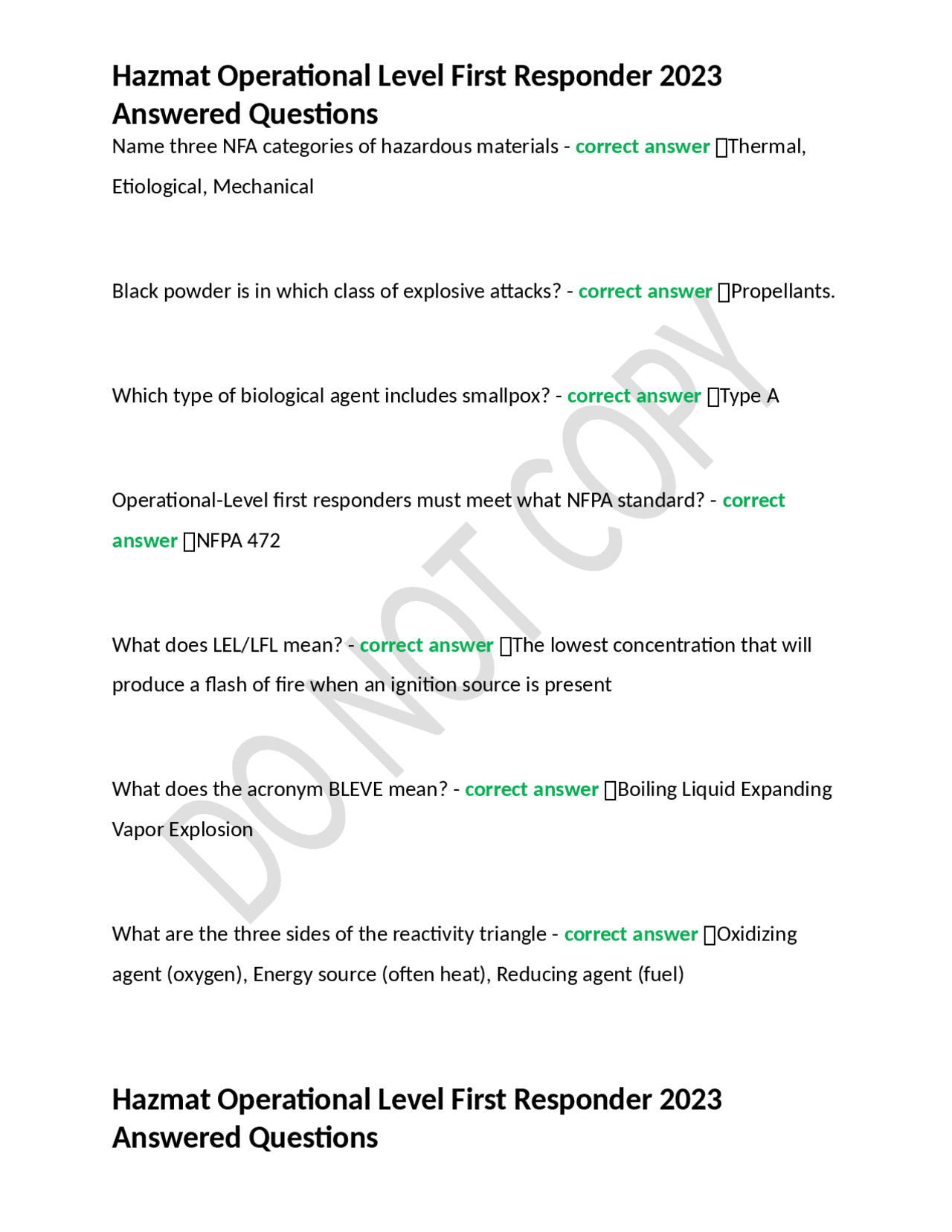 Hazmat Operational Level First Responder 2023 Answered Questions