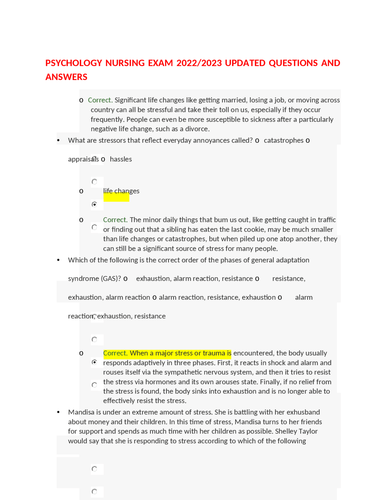 PSYCHOLOGY NURSING EXAM 2022/2023 UPDATED QUESTIONS AND ANSWERS | Exams ...