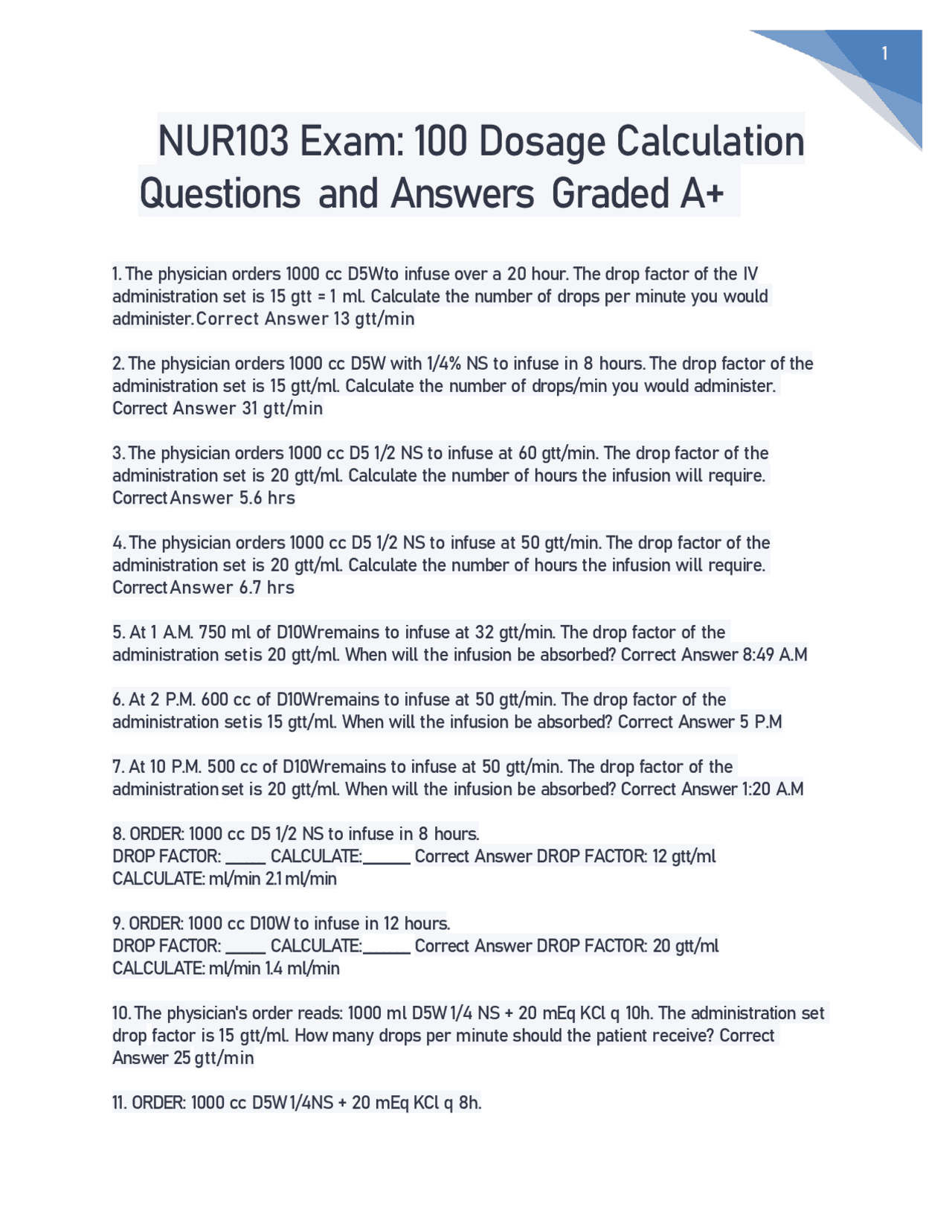 NUR103 Exam: 100 Dosage Calculation Questions and Answers Graded A+ ...