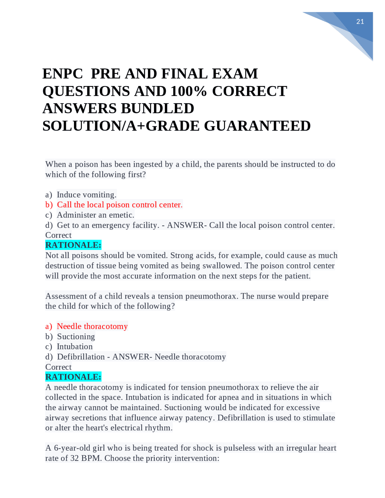 ENPC PRE AND FINAL EXAM QUESTIONS AND 100% CORRECT ANSWERS BUNDLED ...