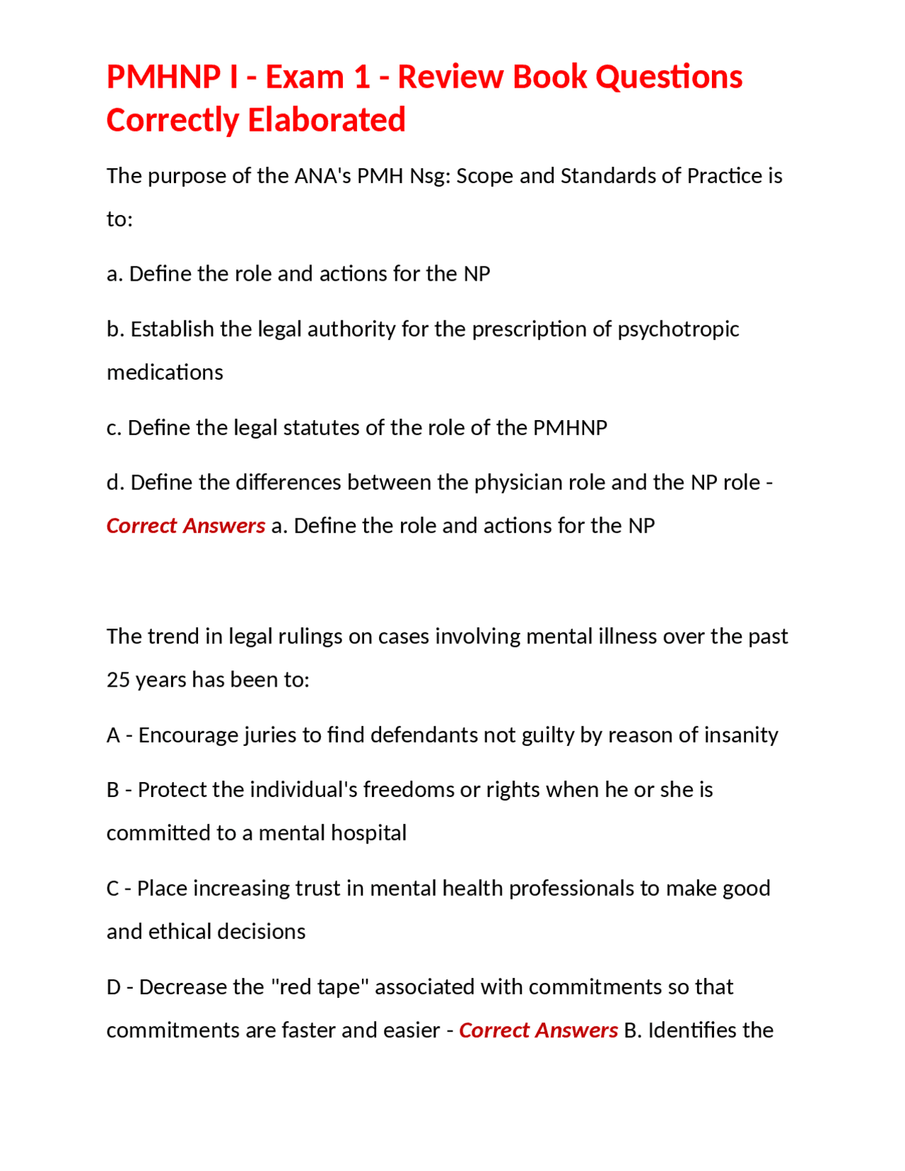 PMHNP I - Exam 1 - Review Book Questions Correctly Elaborated | Exams ...