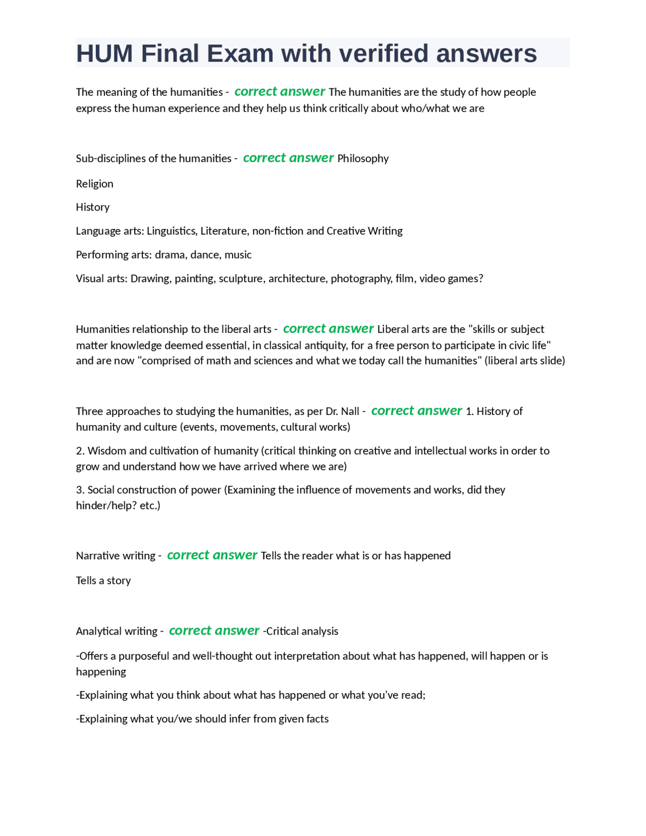 HUM Final Exam with verified answers | Exams Nursing | Docsity