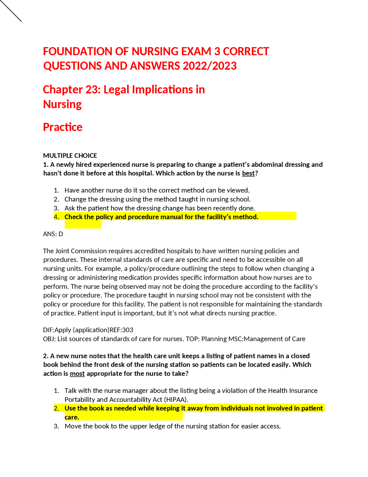 FOUNDATION OF NURSING EXAM 3 CORRECT QUESTIONS AND ANSWERS 2022/2023 ...