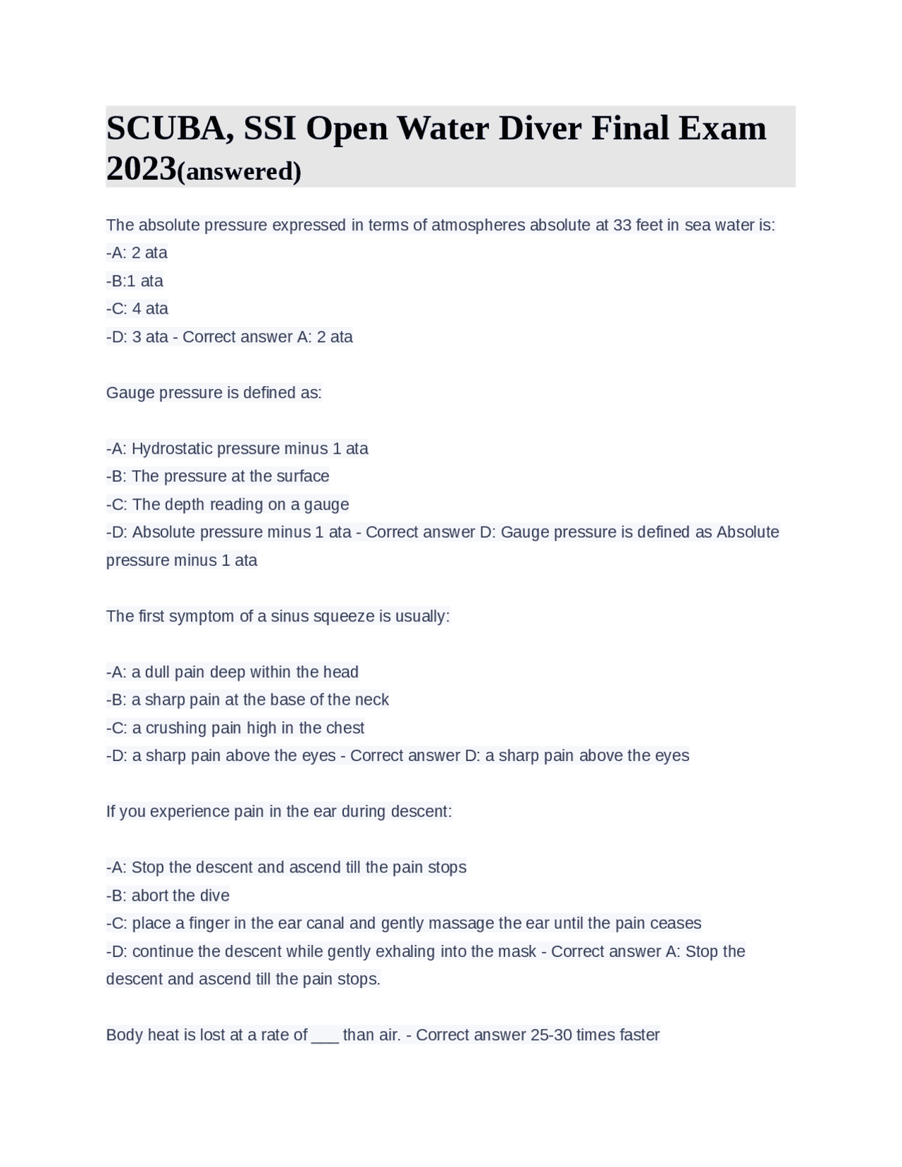 SCUBA, SSI Open Water Diver Final Exam 2023(answered) Exams Earth Sciences Docsity