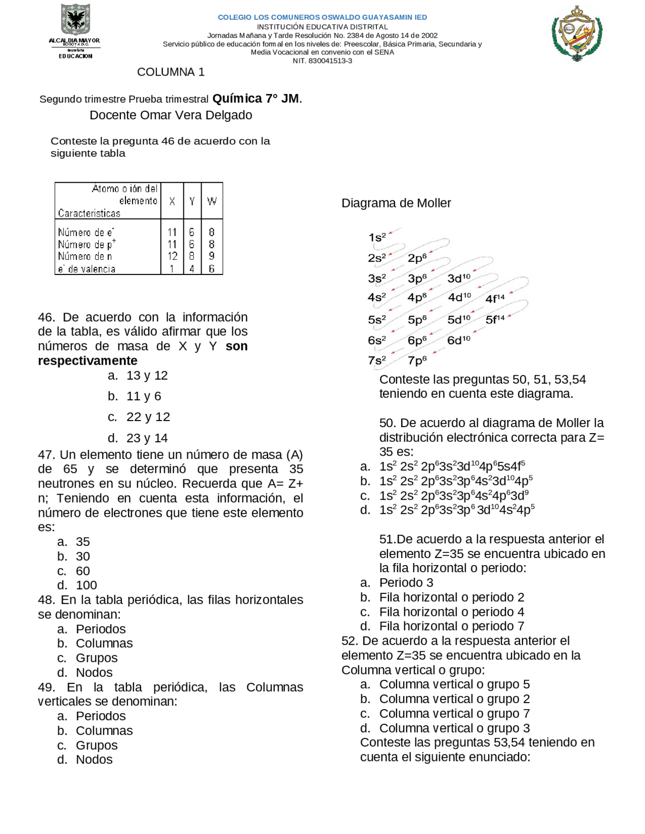 prueba tipo examen icfes | Ejercicios de Química | Docsity