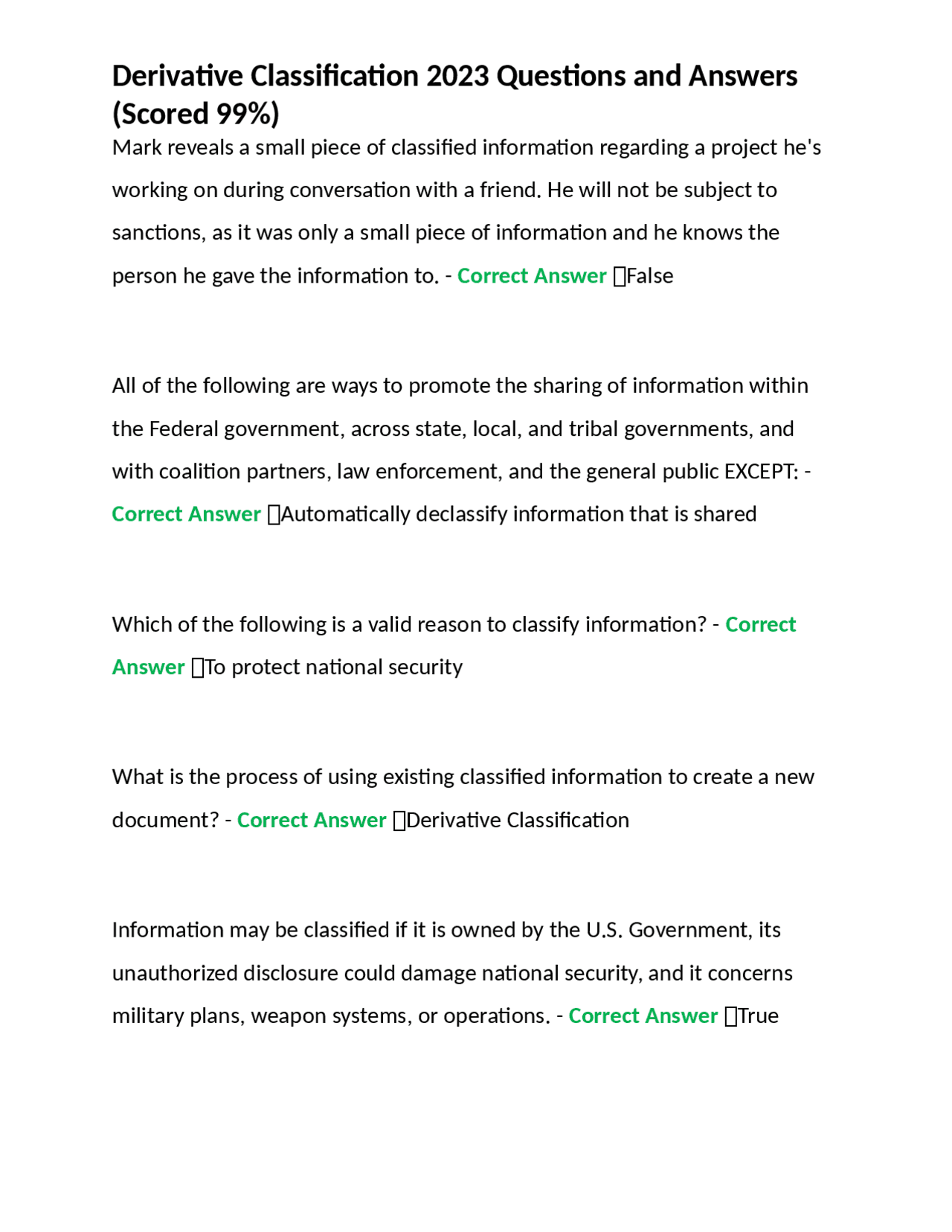 Derivative Classification Exam Answers.pdf Derivative Classification 2023 Questions and Answers (Scored 99% ...