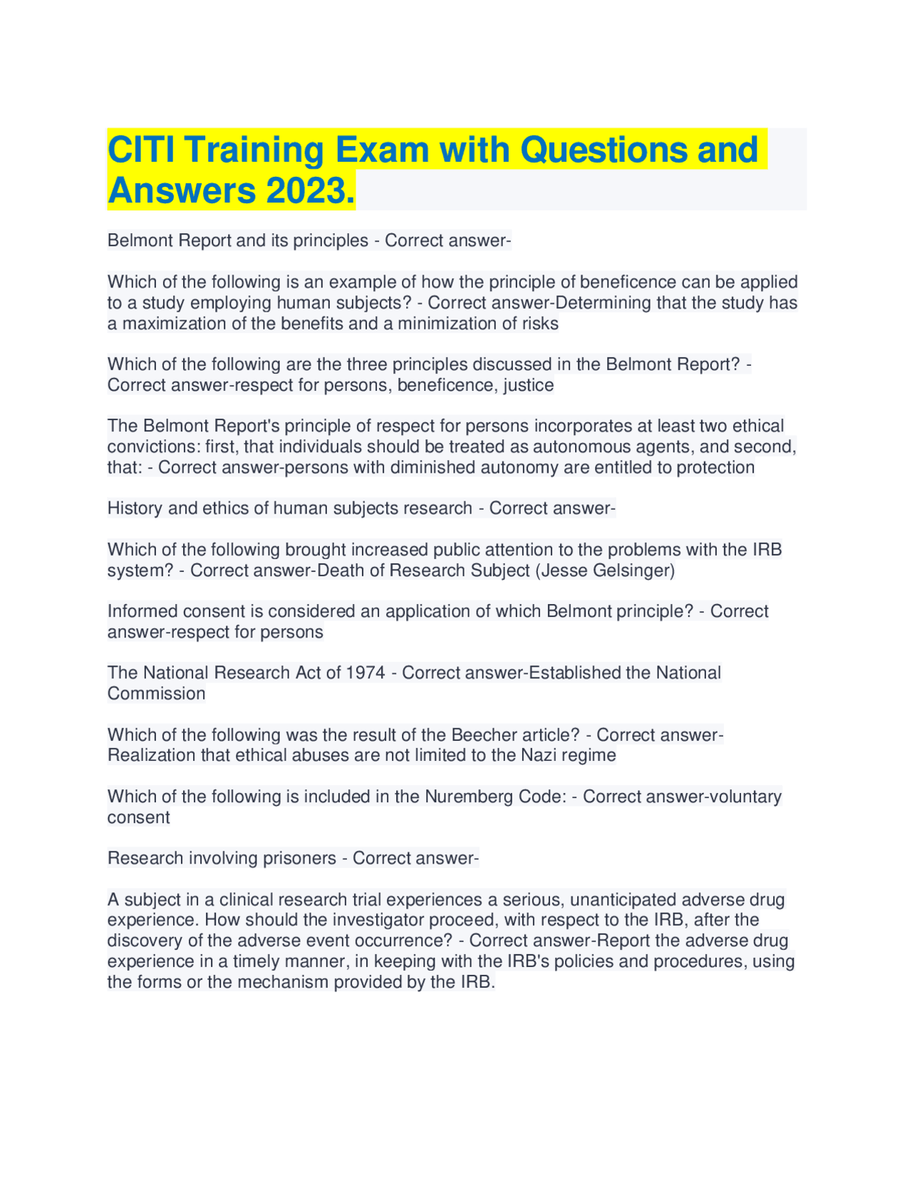 CITI Training Exam with Questions and Answers 2023. | Exams Nursing ...
