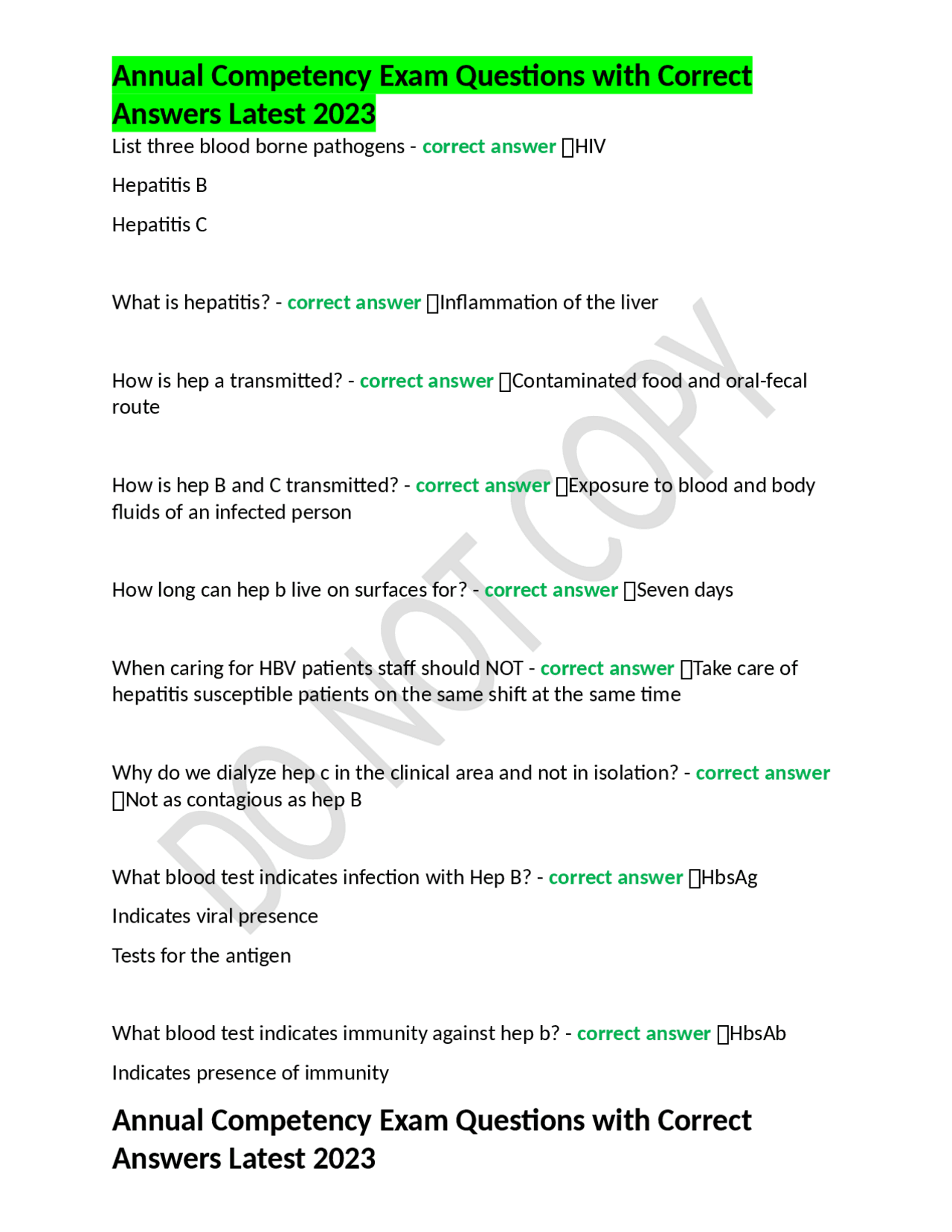 Annual Competency Exam Questions with Correct Answers Latest 2023 ...