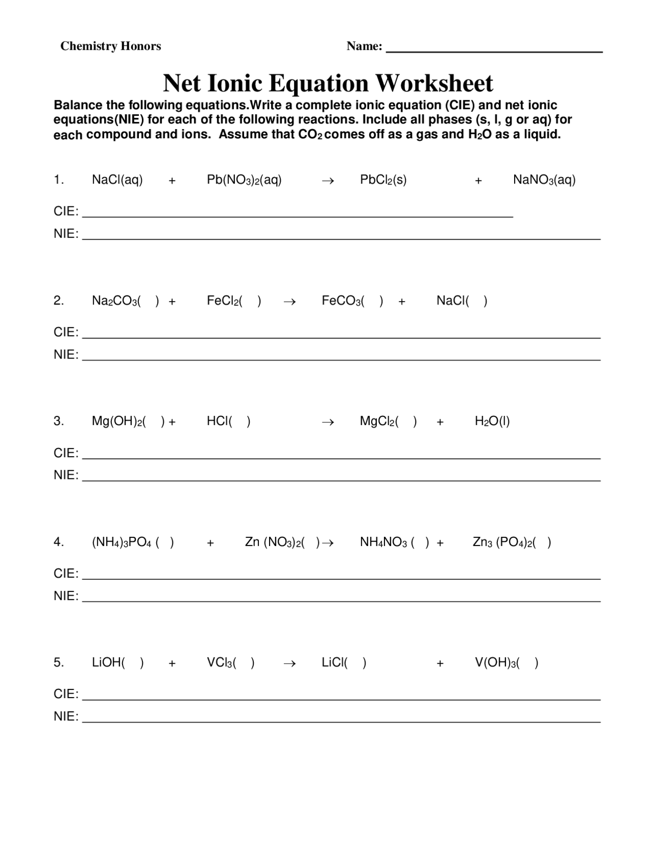 Net Ionic Equation Worksheet Exercises Chemistry Docsity Net Ionic Equation Worksheet Exercises Chemistry Docsity