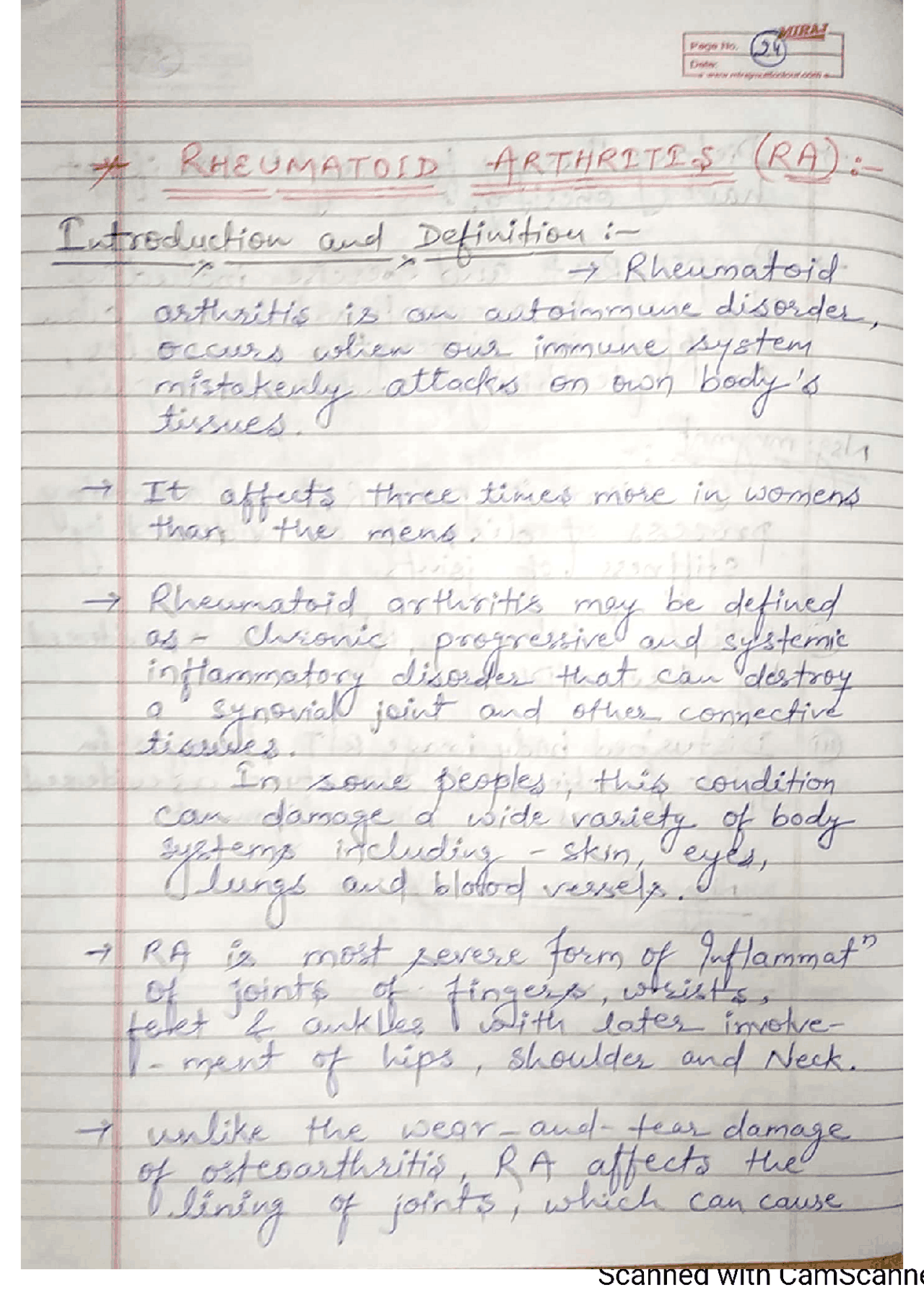 Notes On Rheumatoid Arthritis | Study notes Nursing | Docsity