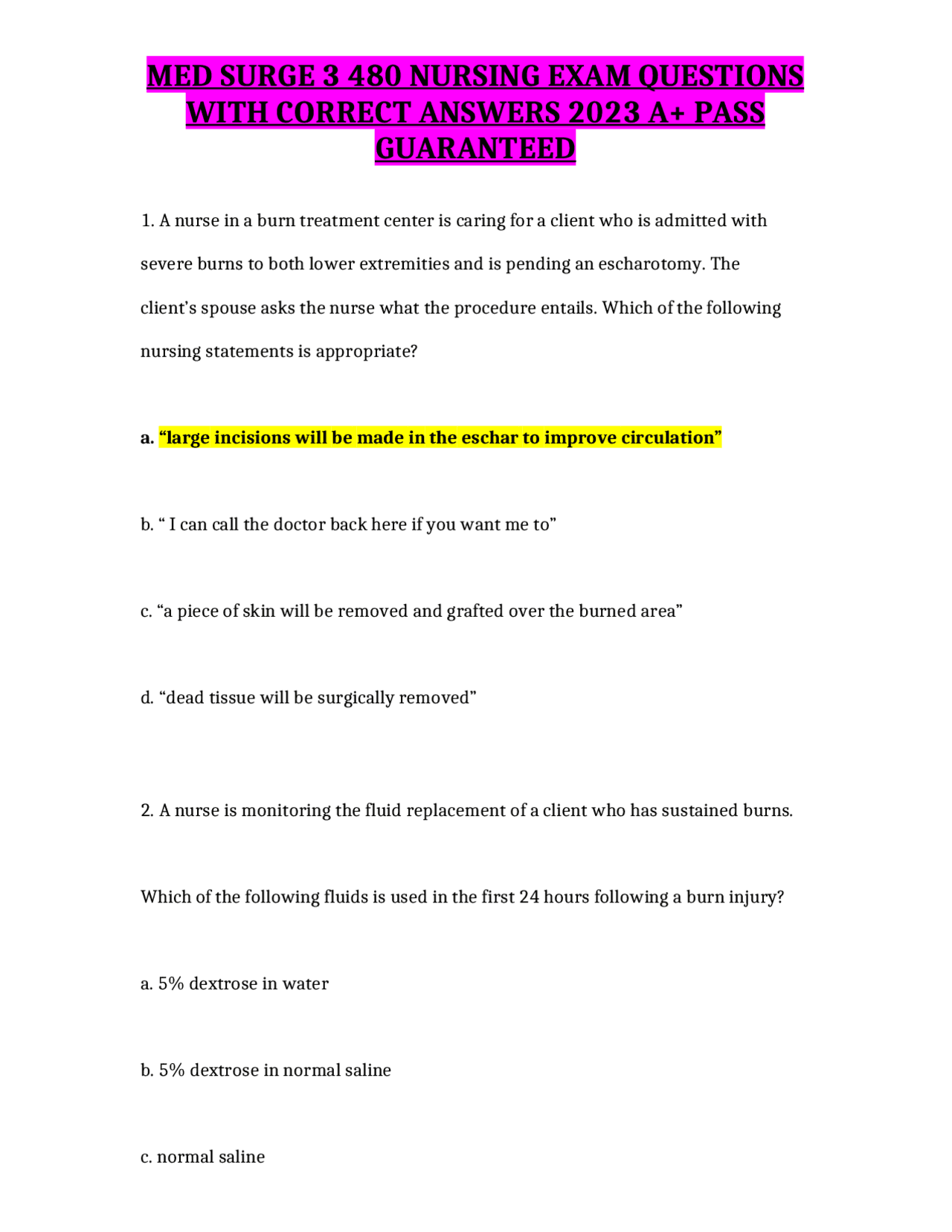 MED SURGE 3 480 NURSING EXAM QUESTIONS WITH CORRECT ANSWERS 2023 A+ ...