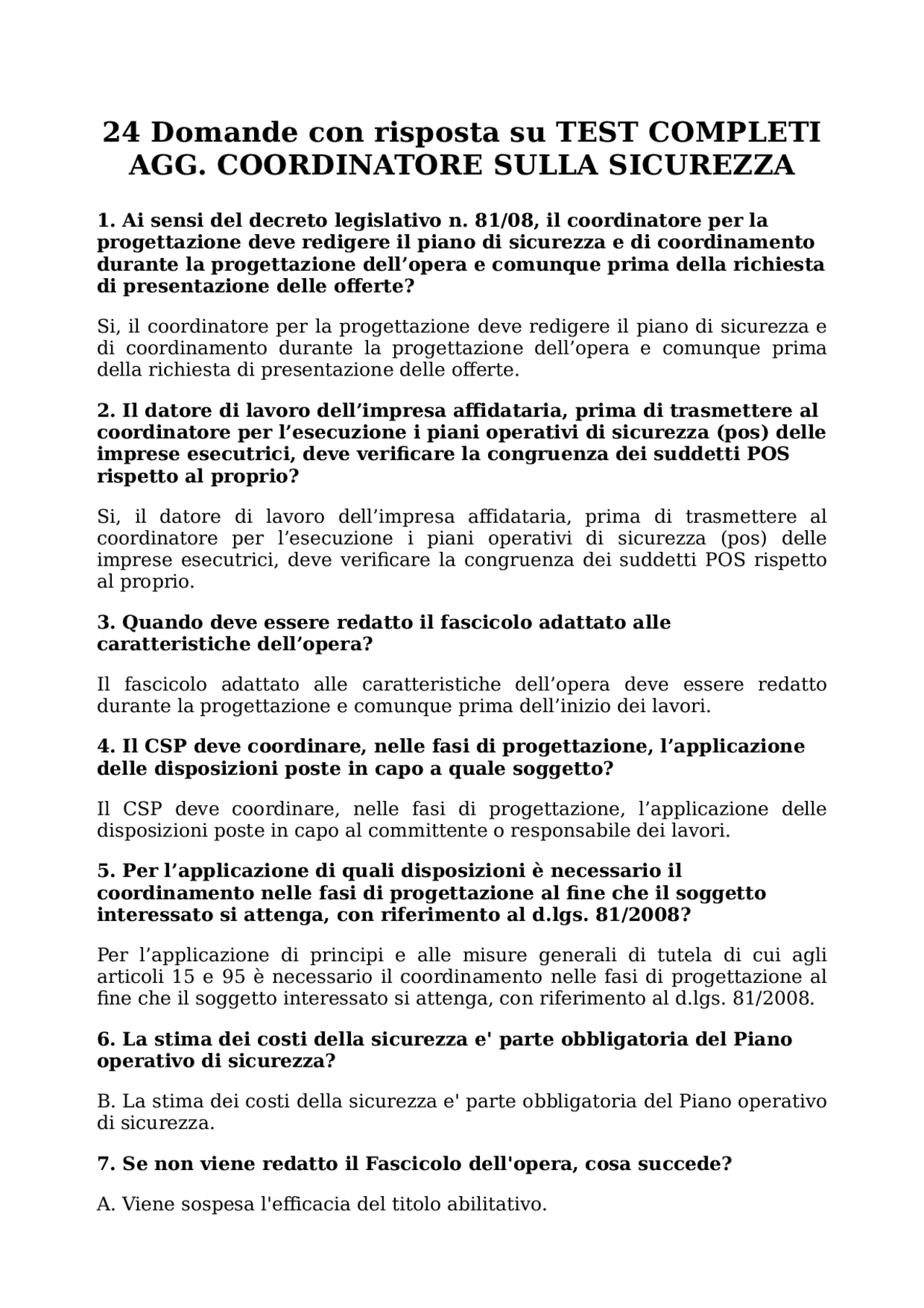 risposte test sicurezza sul lavoro