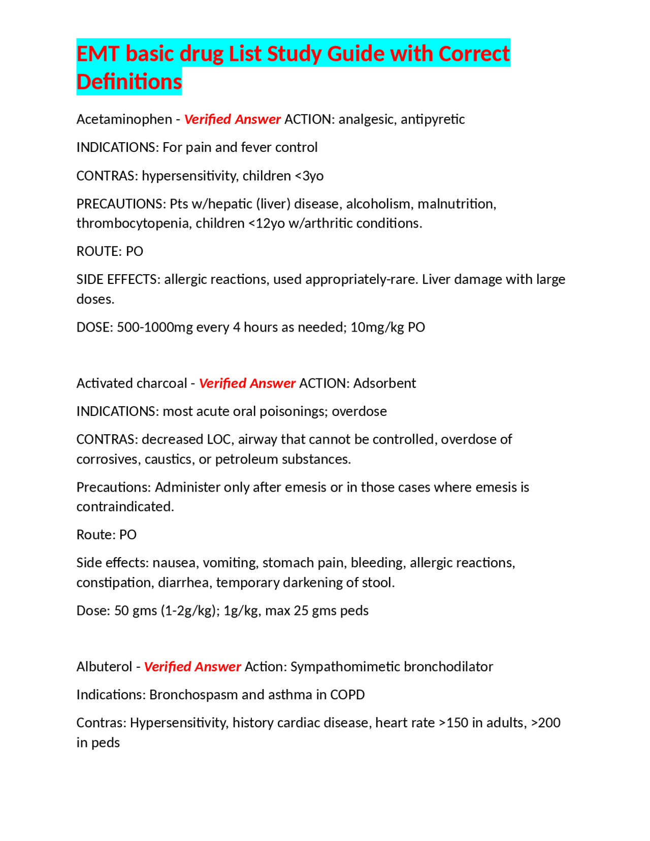 EMT basic drug List Study Guide with Correct Definitions | Exams ...