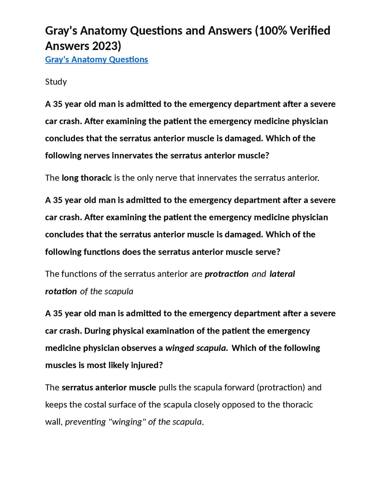 Gray's Anatomy Questions and Answers (100% Verified Answers 2023