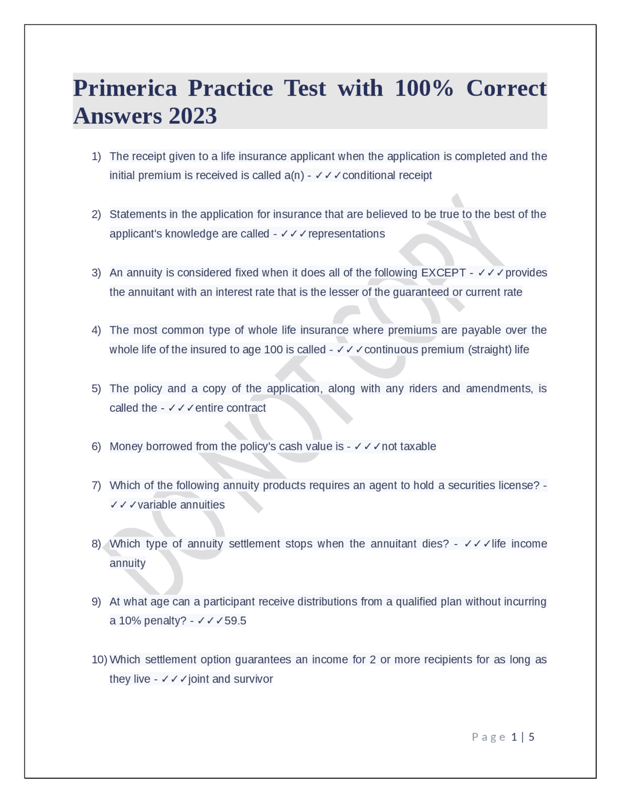 Primerica Practice Test with 100 Correct Answers 2023 Exams Company