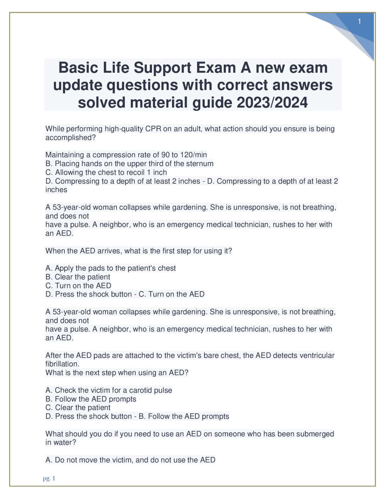 Basic Life Support Exam A new exam update questions with correct ...