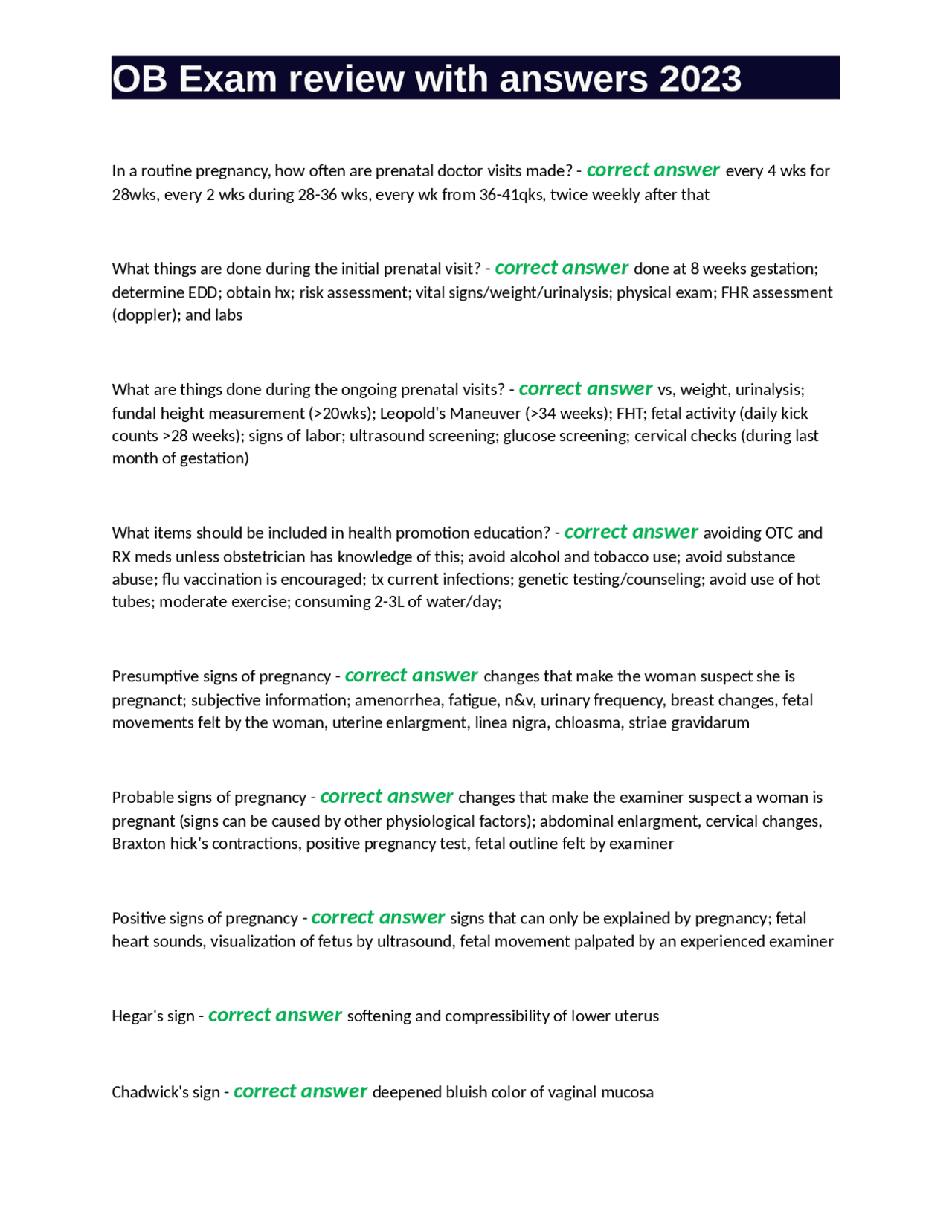 OB Exam review with answers 2023 | Exams Nursing | Docsity