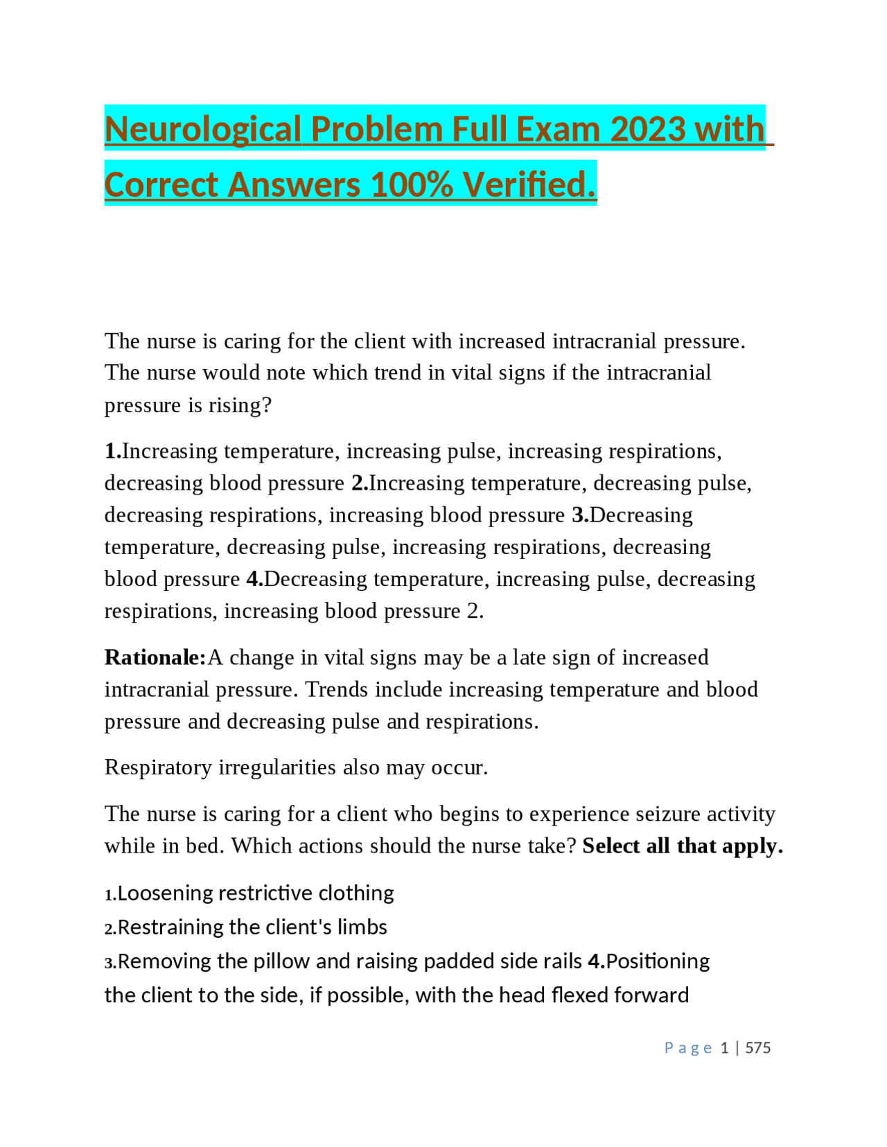 Neurological Problem Full Exam 2023 with Correct Answers 100% Verified ...