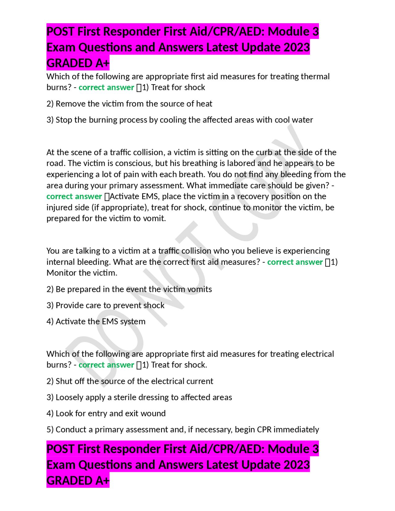 POST First Responder First Aid/CPR/AED: Module 3 Exam Questions and ...