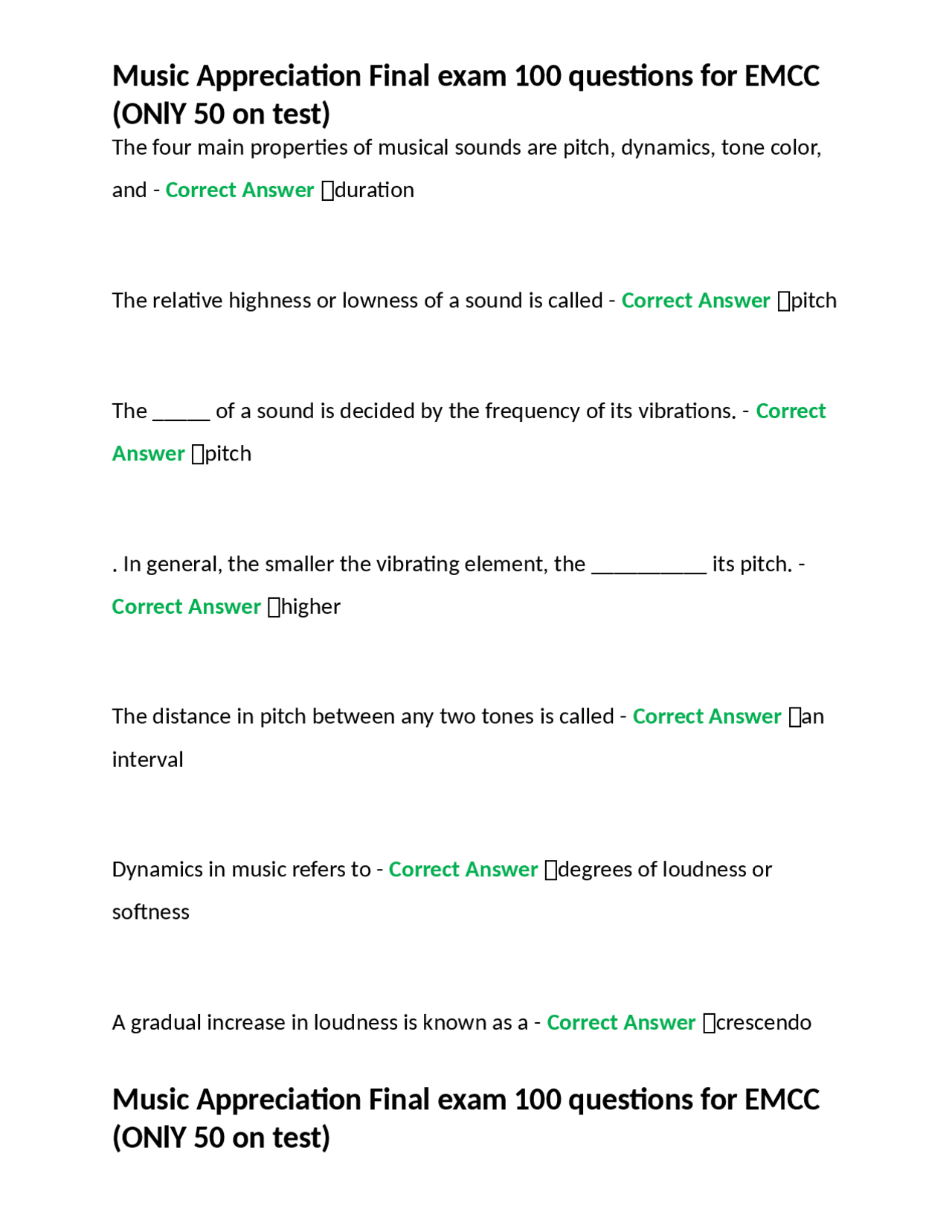 Music Appreciation Final exam 100 questions for EMCC (ONlY 50 on test) Exams Nursing Docsity