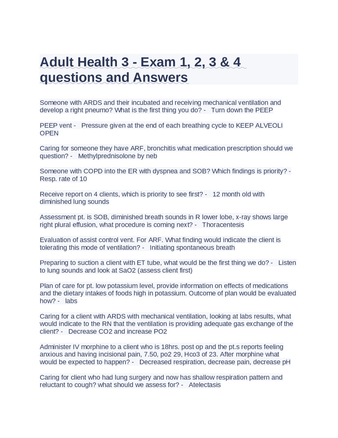 Adult Health 3 - Exam 1, 2, 3 & 4 questions and Answers | Exams Nursing ...