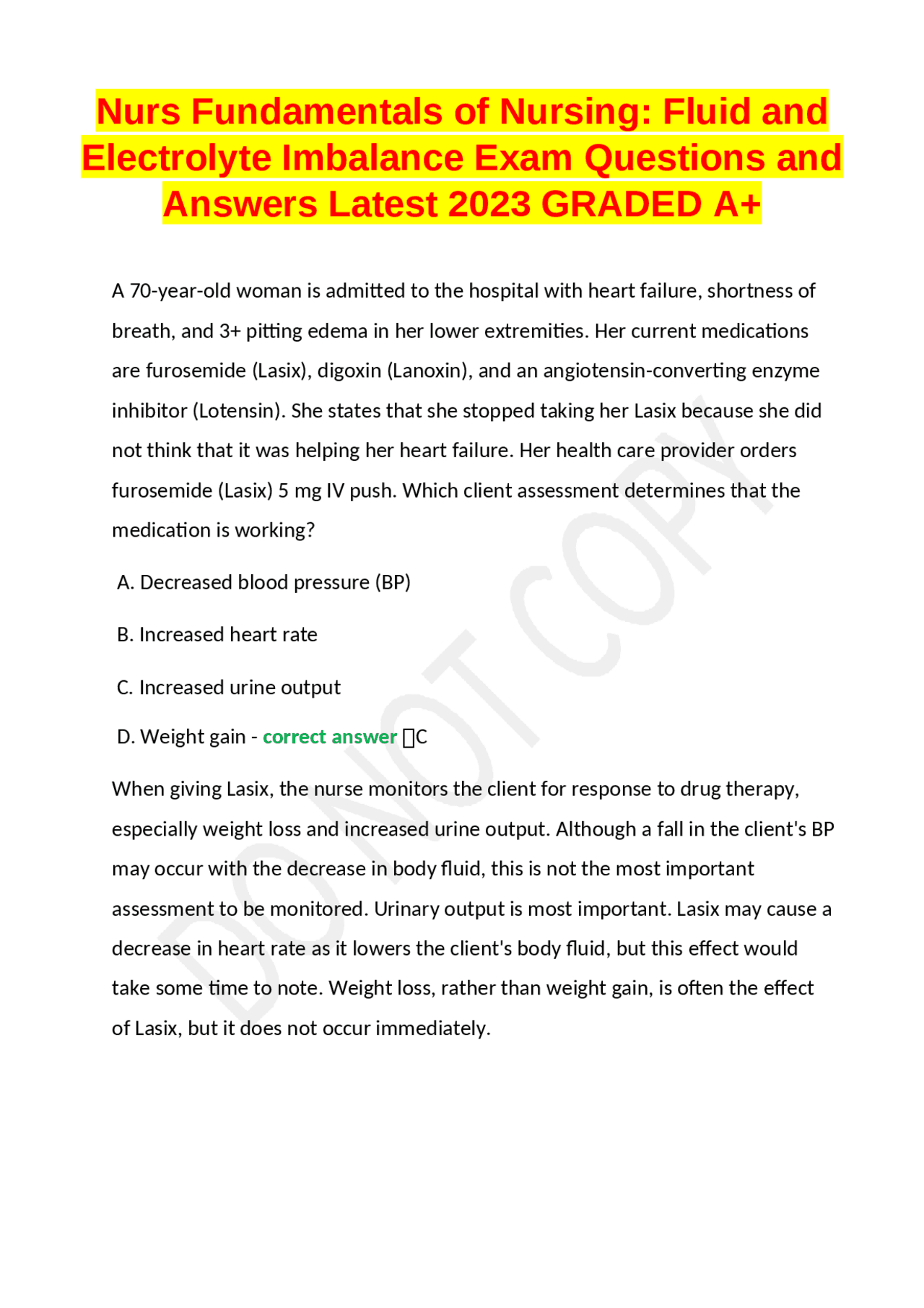 Nurs Fundamentals of Nursing Fluid and Electrolyte Imbalance Exam