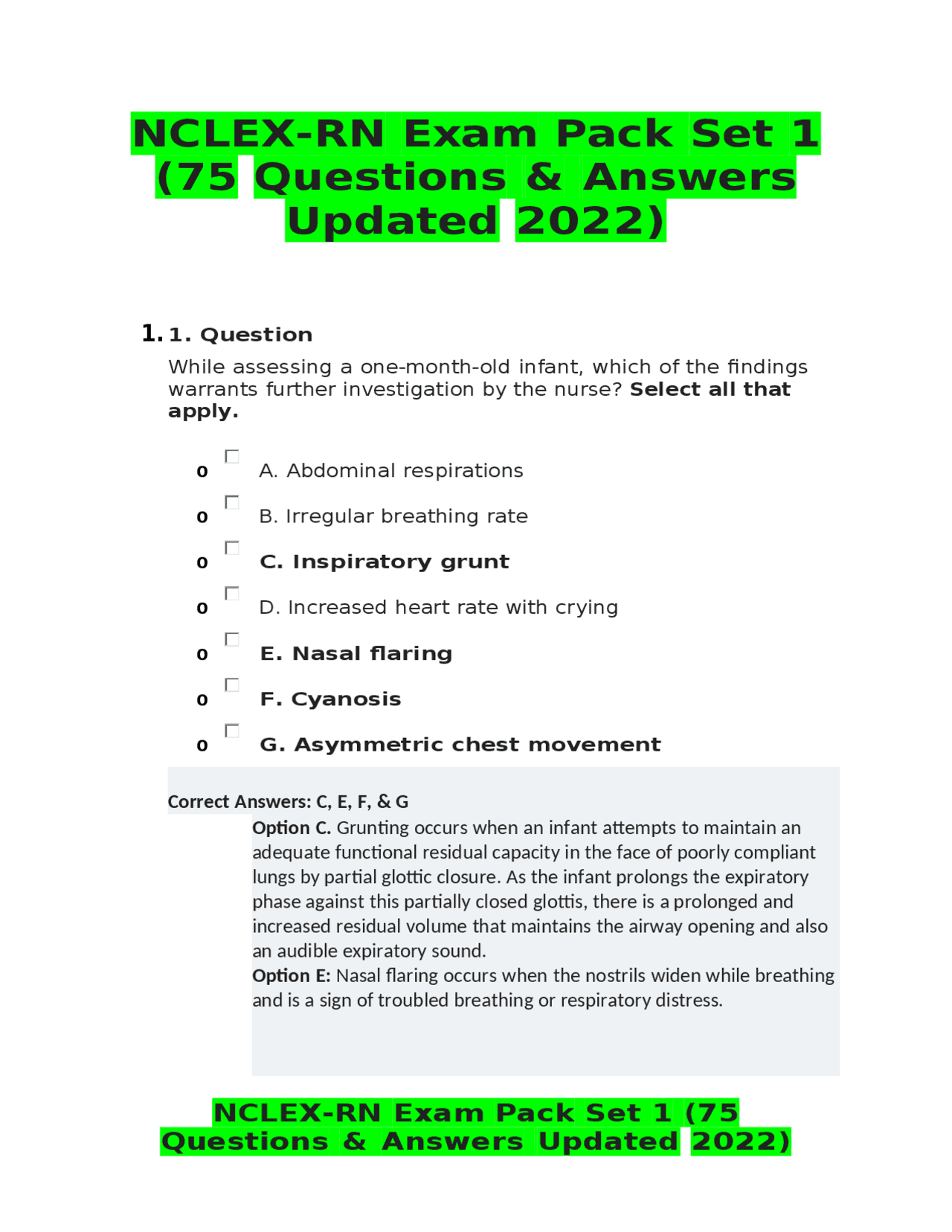 Exam Pack Examples NCLEX-RN Exam Pack Set 1 (75 Questions & Answers Updated 2022) | Exams ...