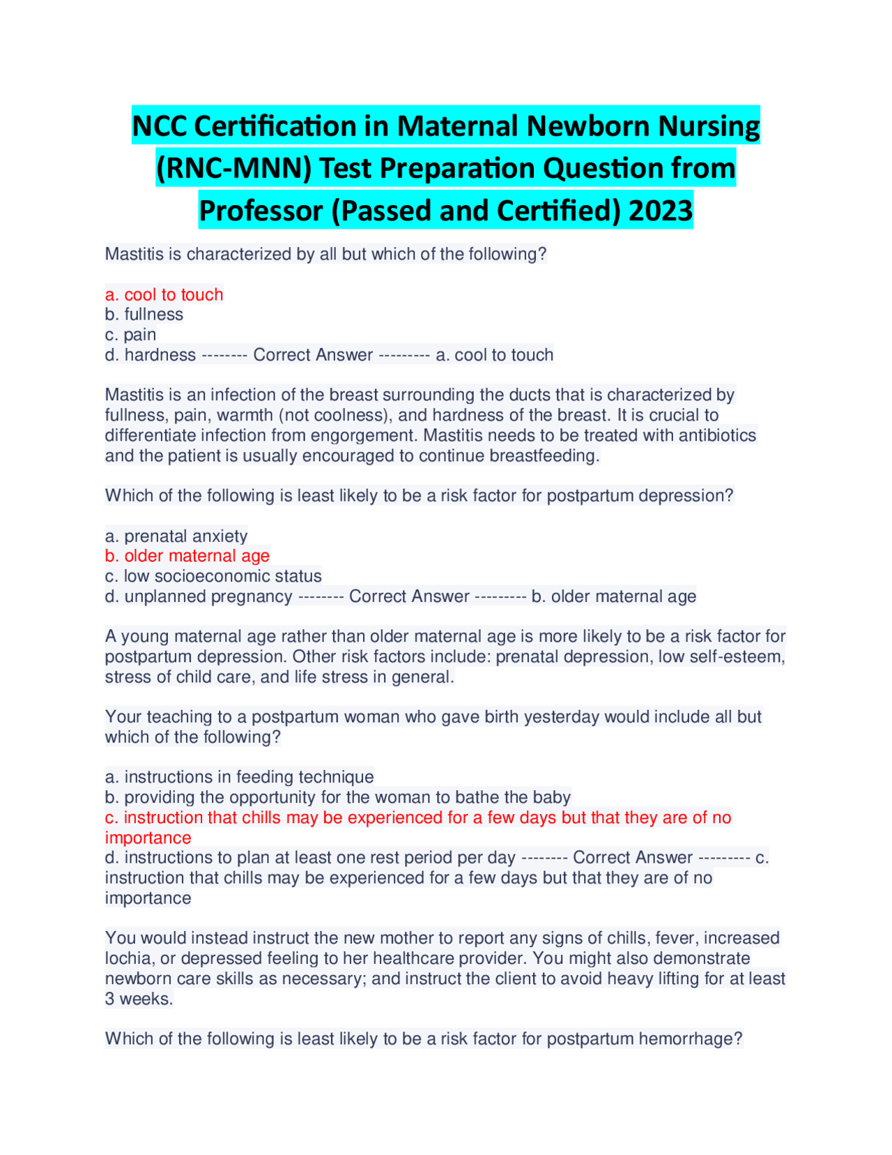 NCC Certification in Maternal Newborn Nursing (RNC MNN)Test Preparation NCC Certification in Maternal Newborn Nursing (RNC MNN)Test Preparation