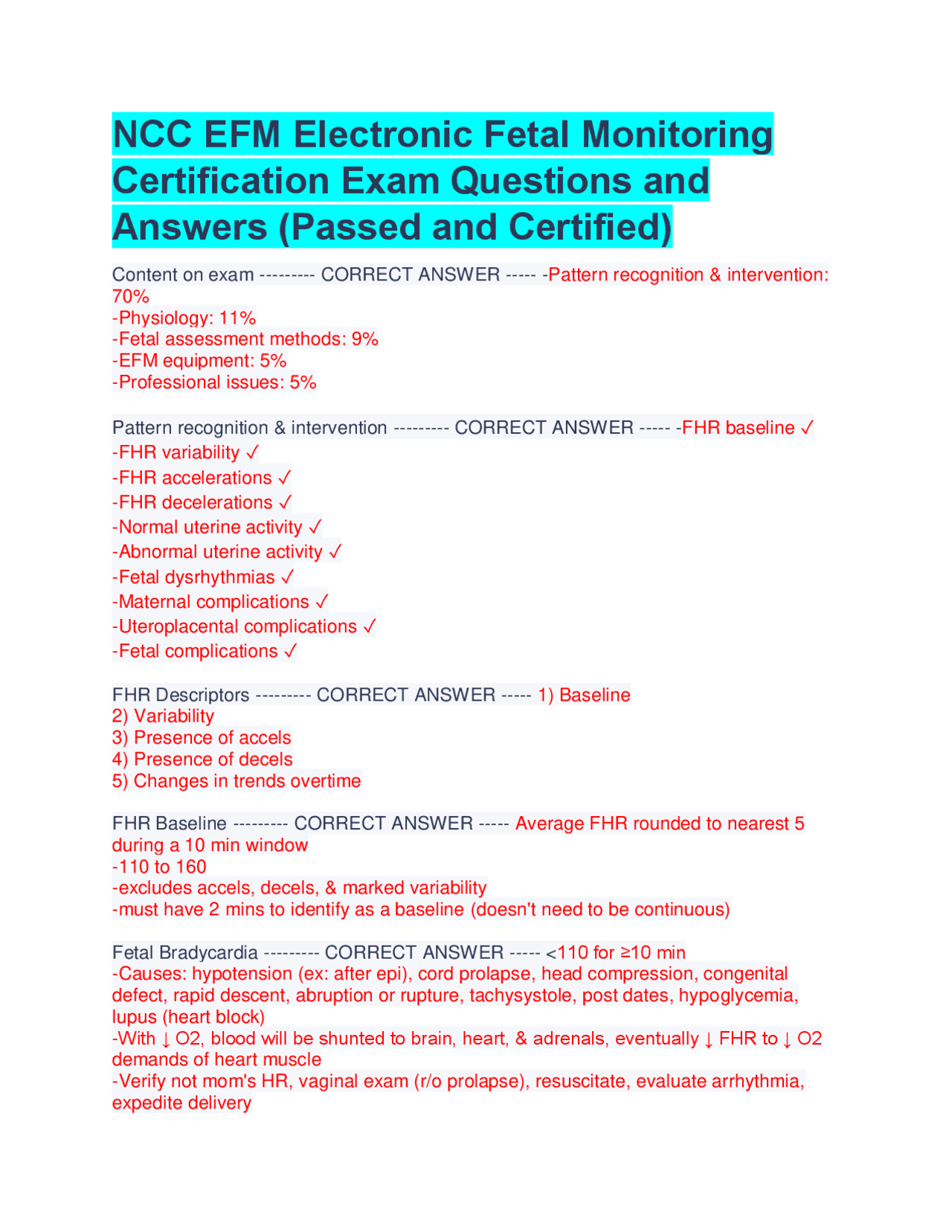 NCC EFM Electronic Fetal Monitoring Certification Exam Q&A (Passed and ...