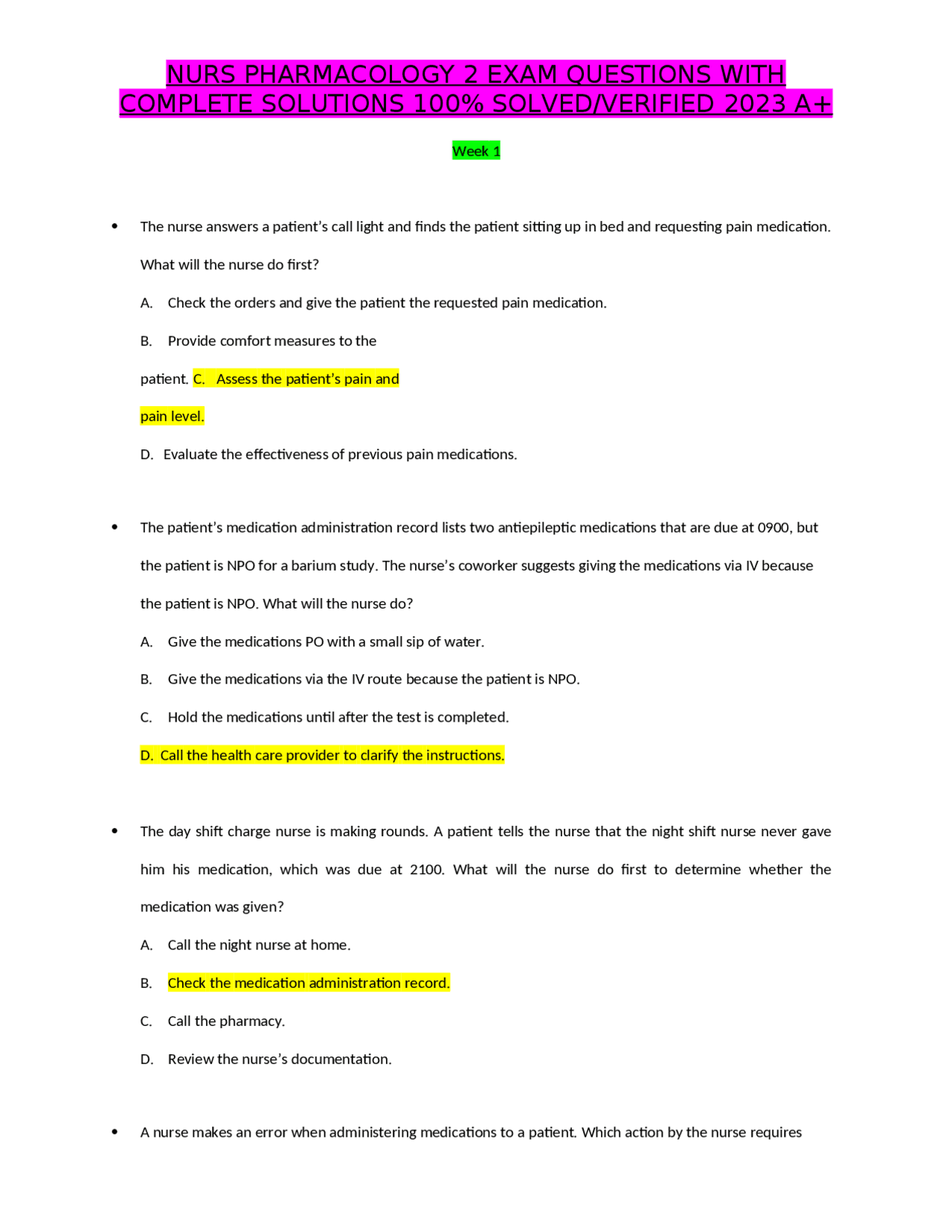 NURS PHARMACOLOGY 2 EXAM QUESTIONS WITH COMPLETE SOLUTIONS 100% SOLVED ...