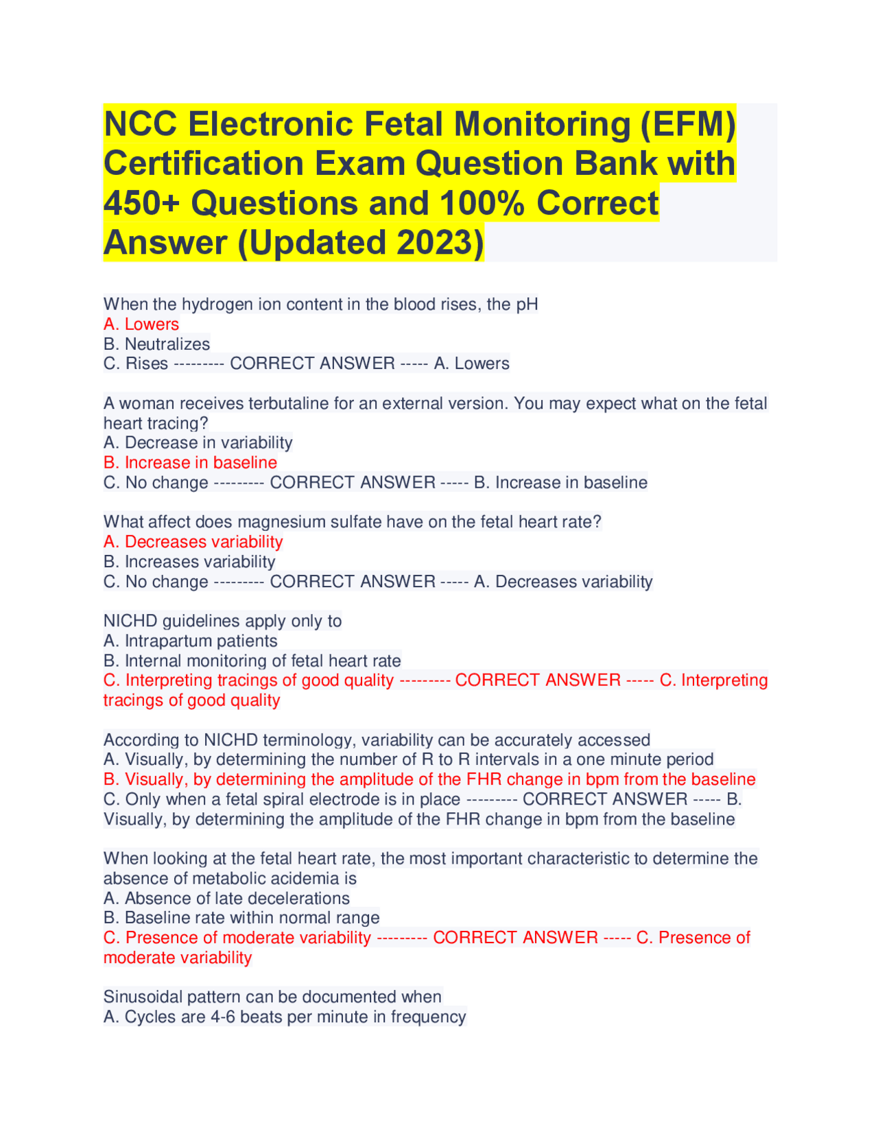NCC Electronic Fetal Monitoring (EFM) Certification Exam Question Bank NCC Electronic Fetal Monitoring (EFM) Certification Exam Question Bank