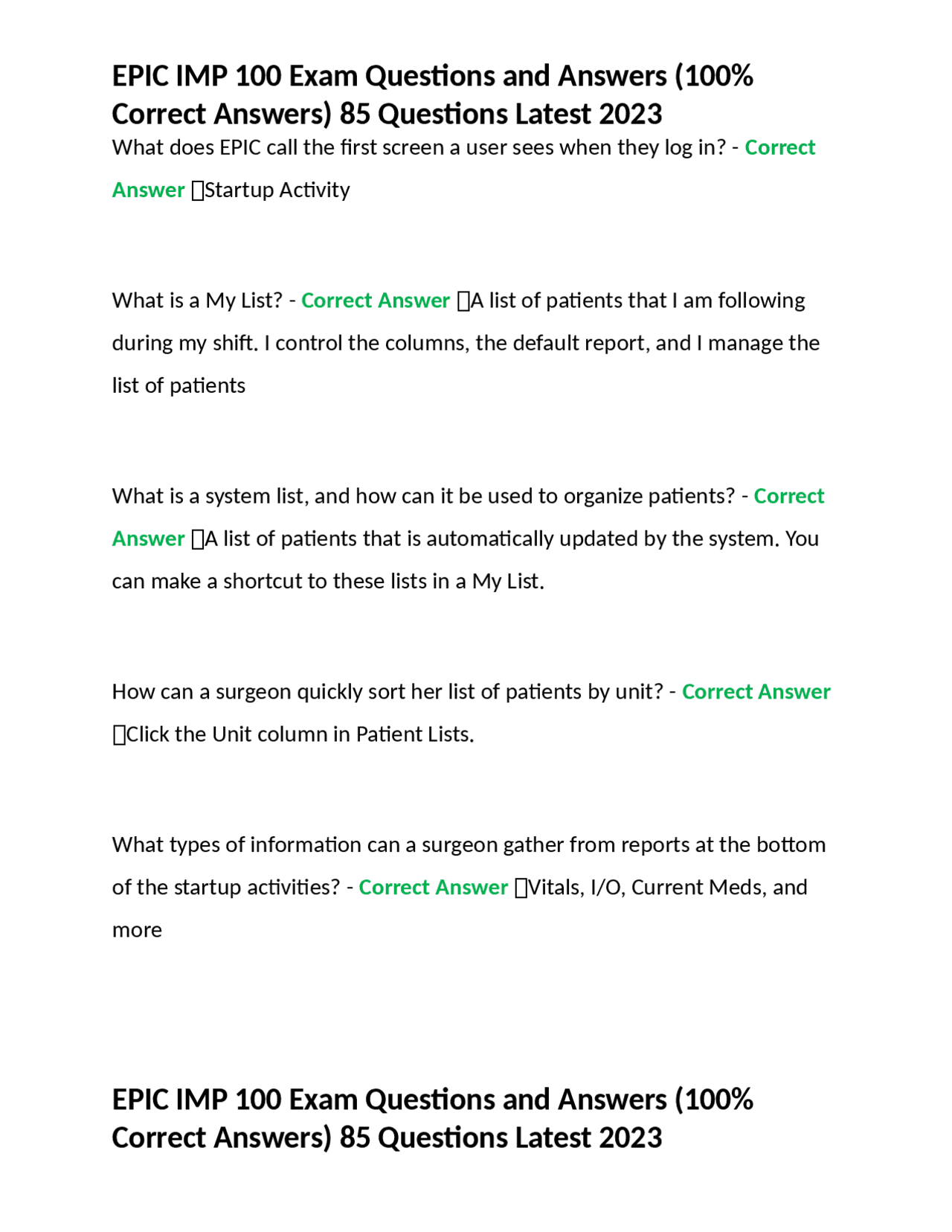 EPIC IMP 100 Exam Questions and Answers (100 Correct Answers) 85