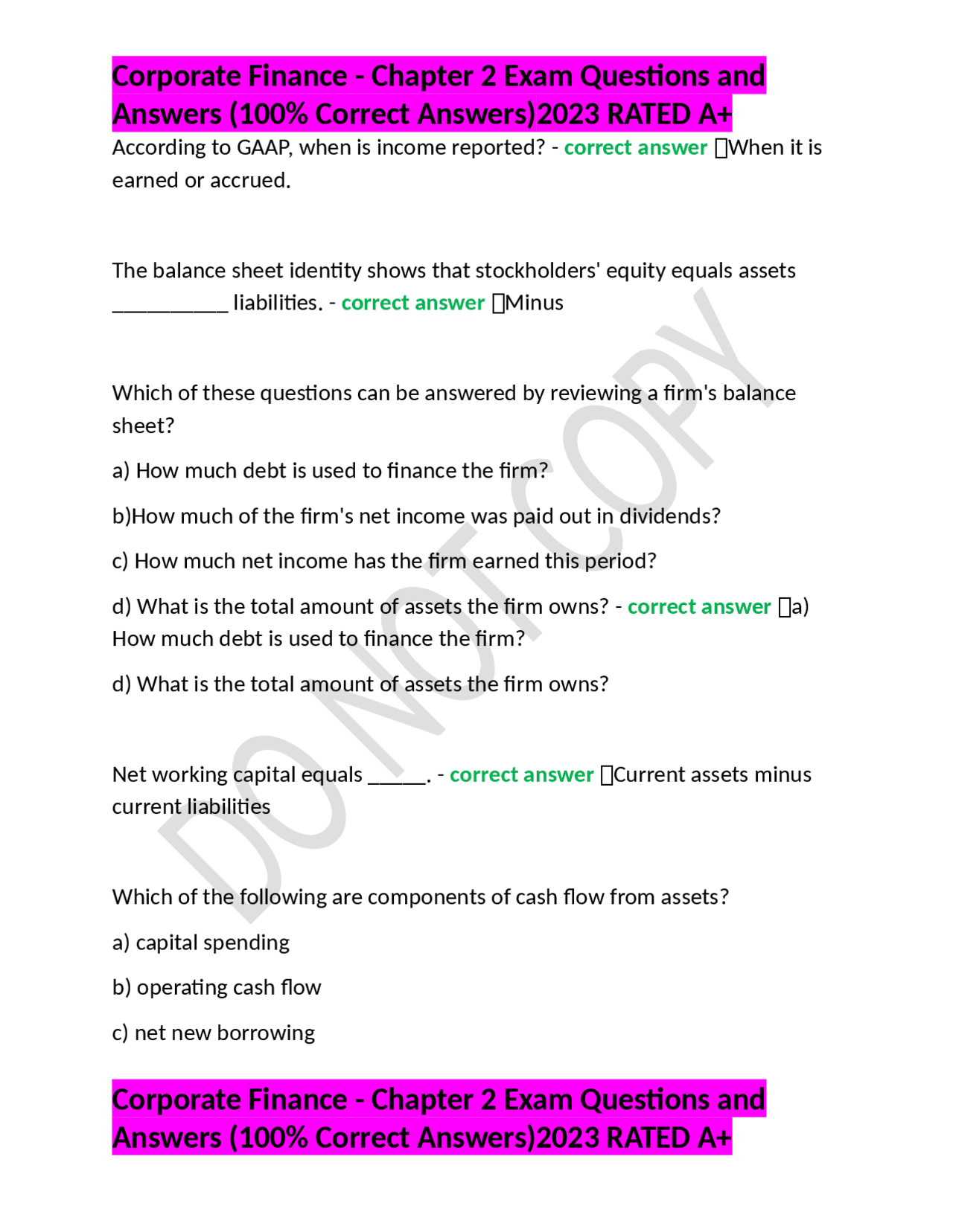 Corporate Finance - Chapter 2 Exam Questions and Answers (100% Correct ...