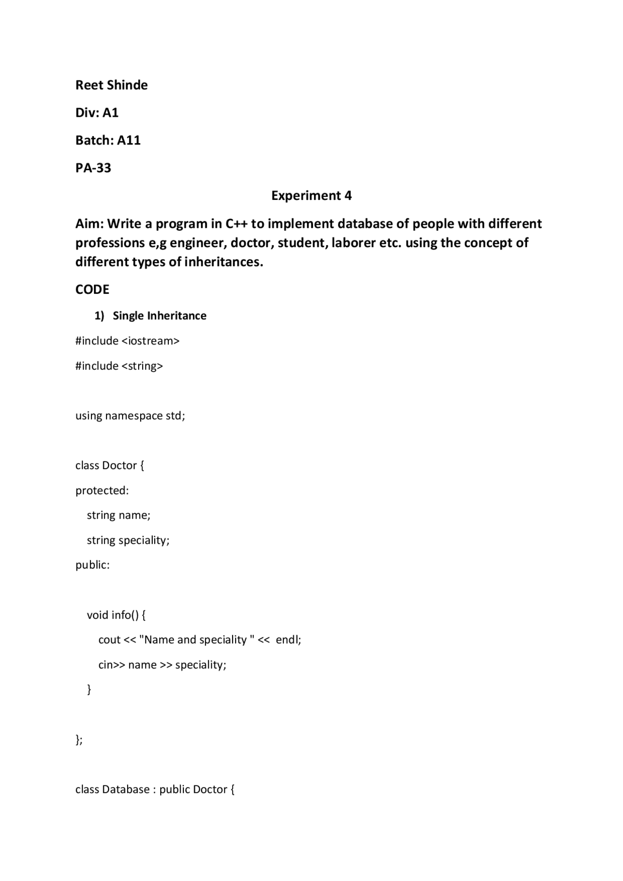 A lab report on C++ inheritance, with different codes on the various ...