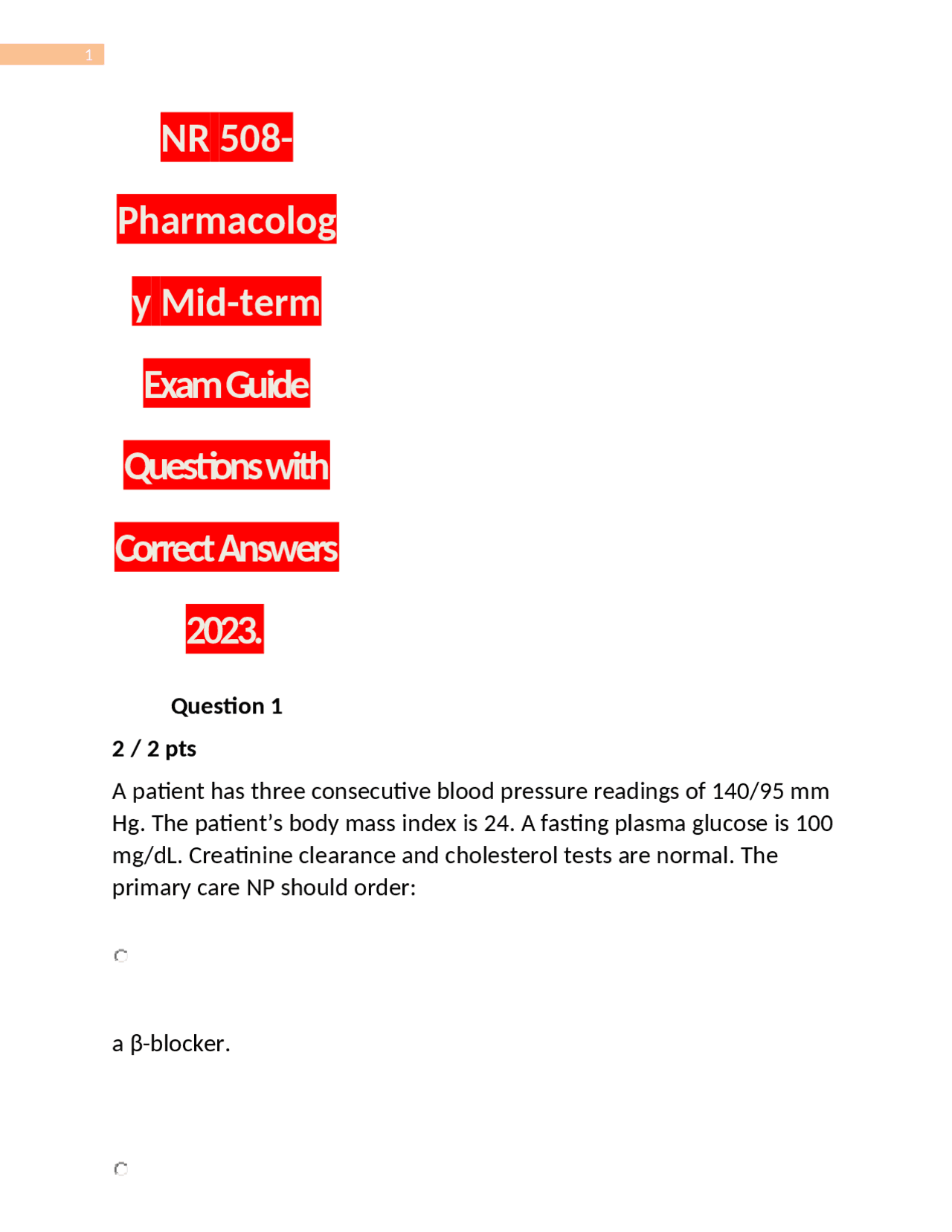 NR 508-Pharmacology Mid-term Exam Guide Questions with Correct Answers ...