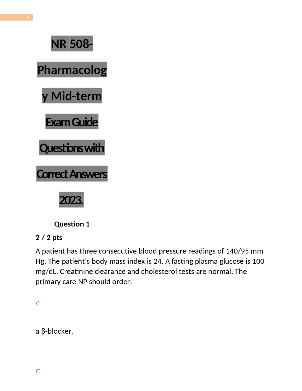 NR 508-Pharmacology Mid-term Exam Guide Questions with Correct Answers ...