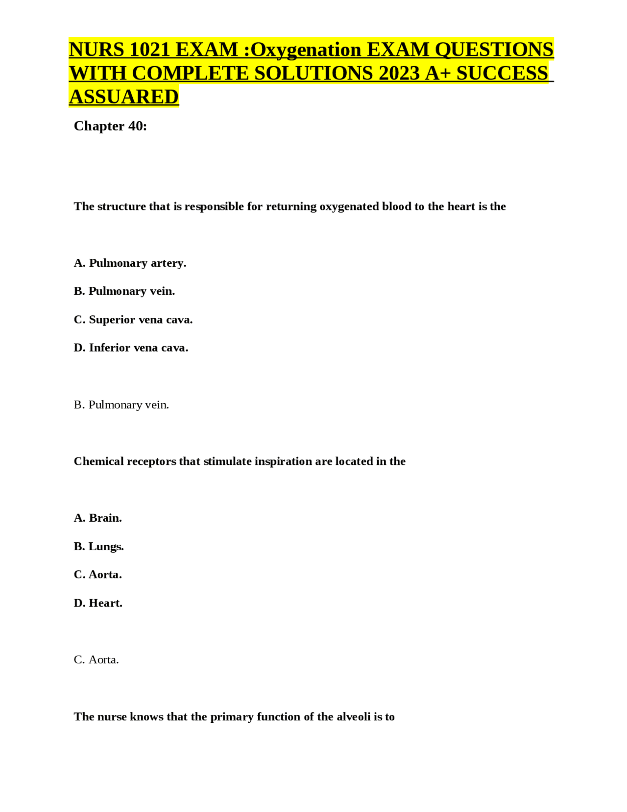 NURS 1021 EXAM :Oxygenation EXAM QUESTIONS WITH COMPLETE SOLUTIONS 2023 ...