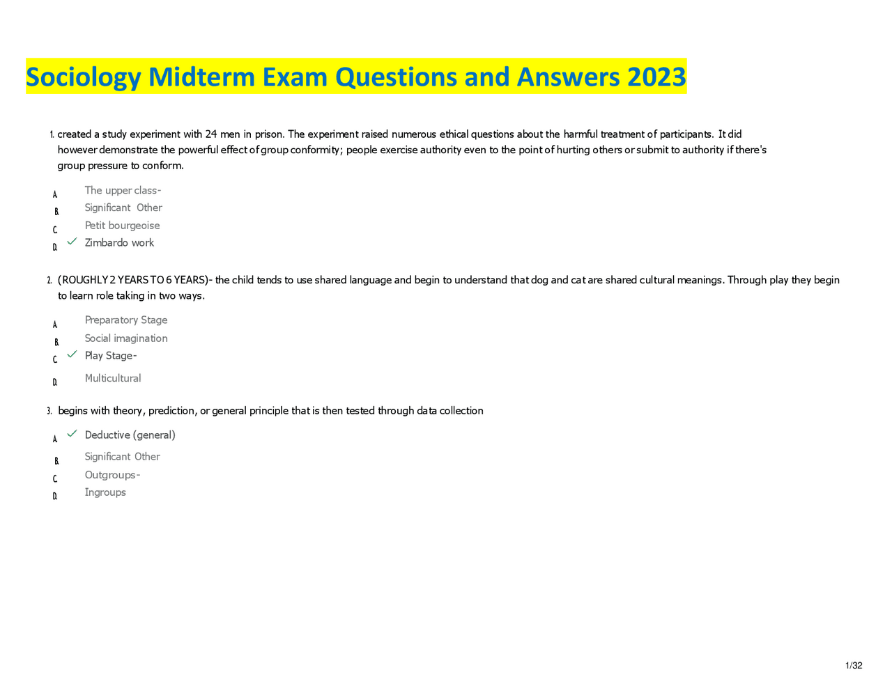 Sociology Midterm Exam Questions and Answers 2023 | Exams Sociology ...