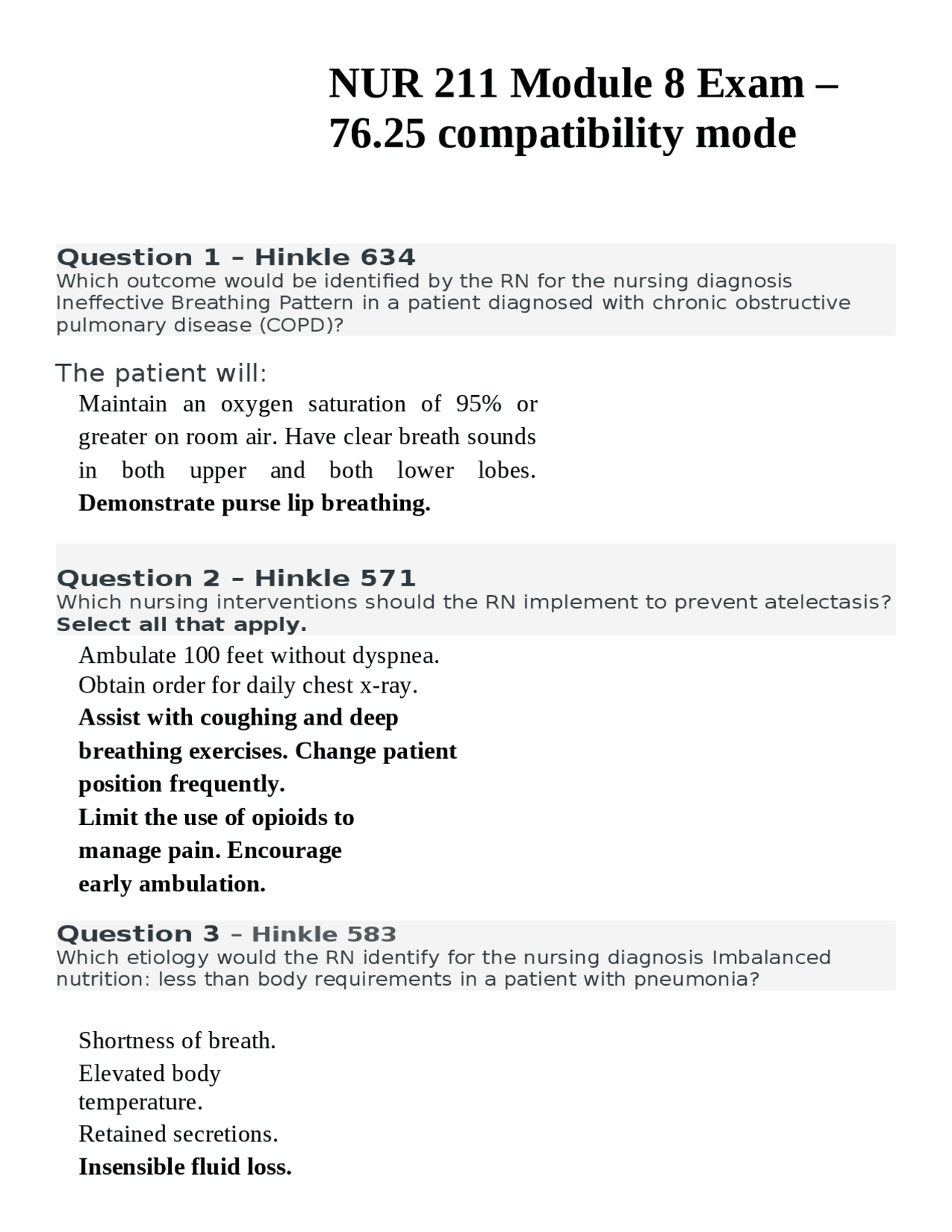 NUR 211 Module 8 Exam – 76.25 compatibility mode | Exams Nursing | Docsity