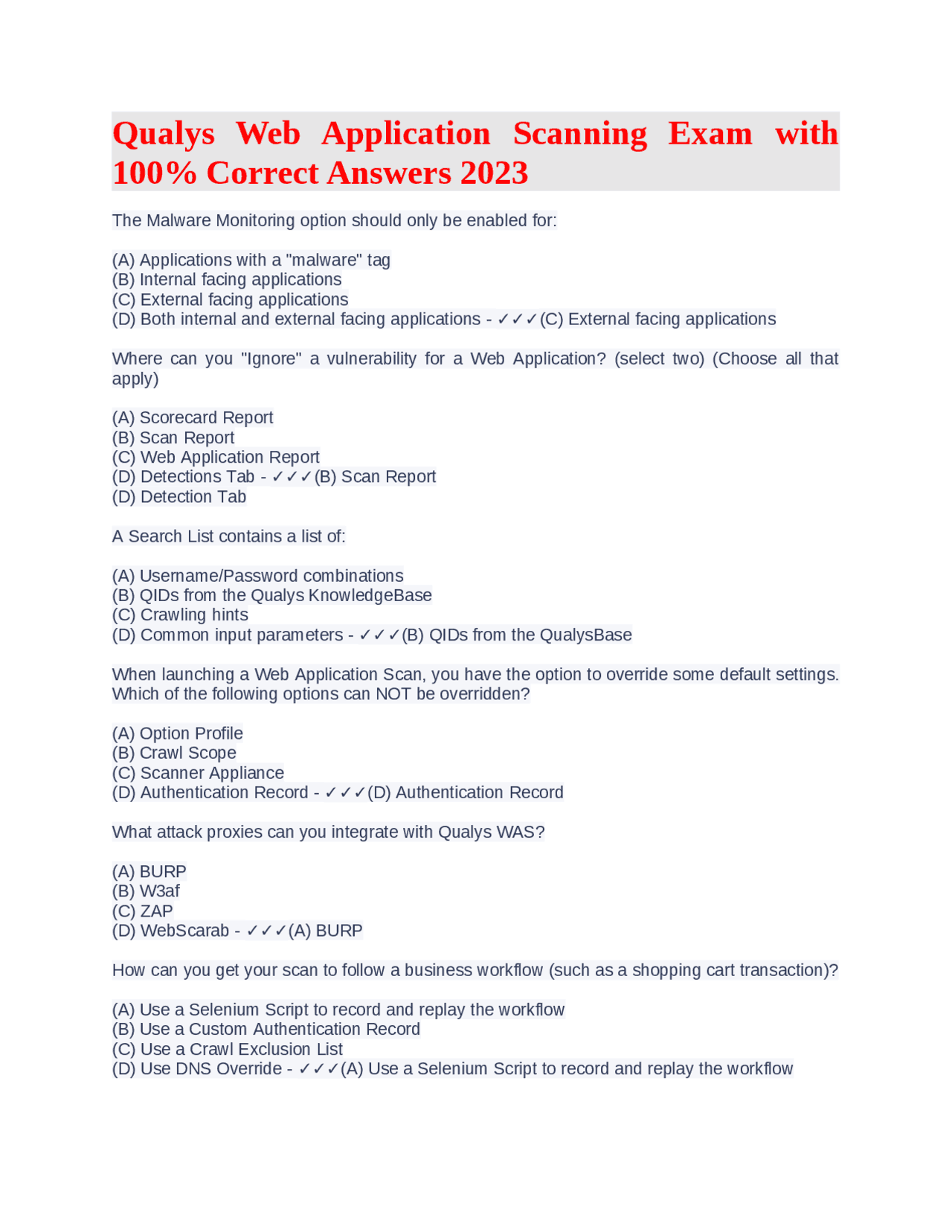 Exam Answer Script Scanning Machine Qualys Web Application Scanning Exam with 100% Correct Answers 2023 ...