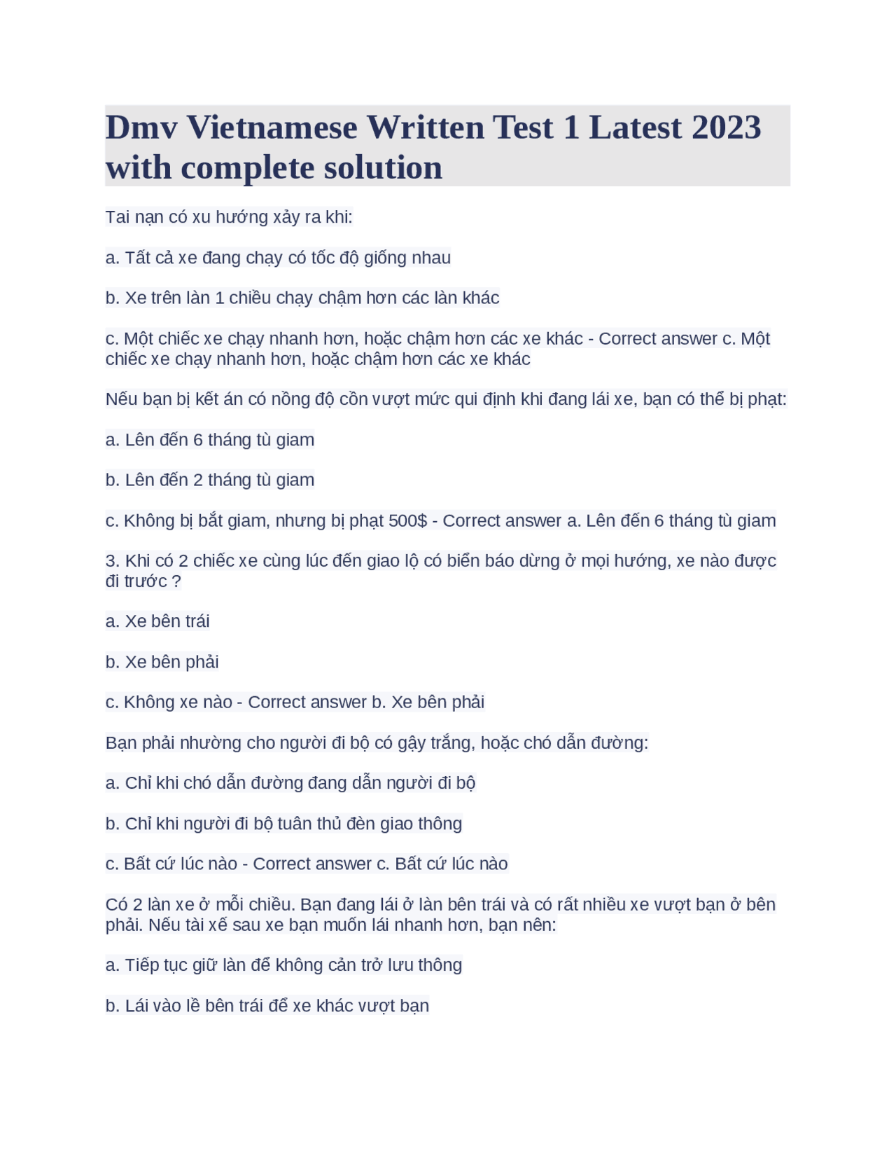 Dmv Vietnamese Written Test 1 Latest 2023 with complete solution ...