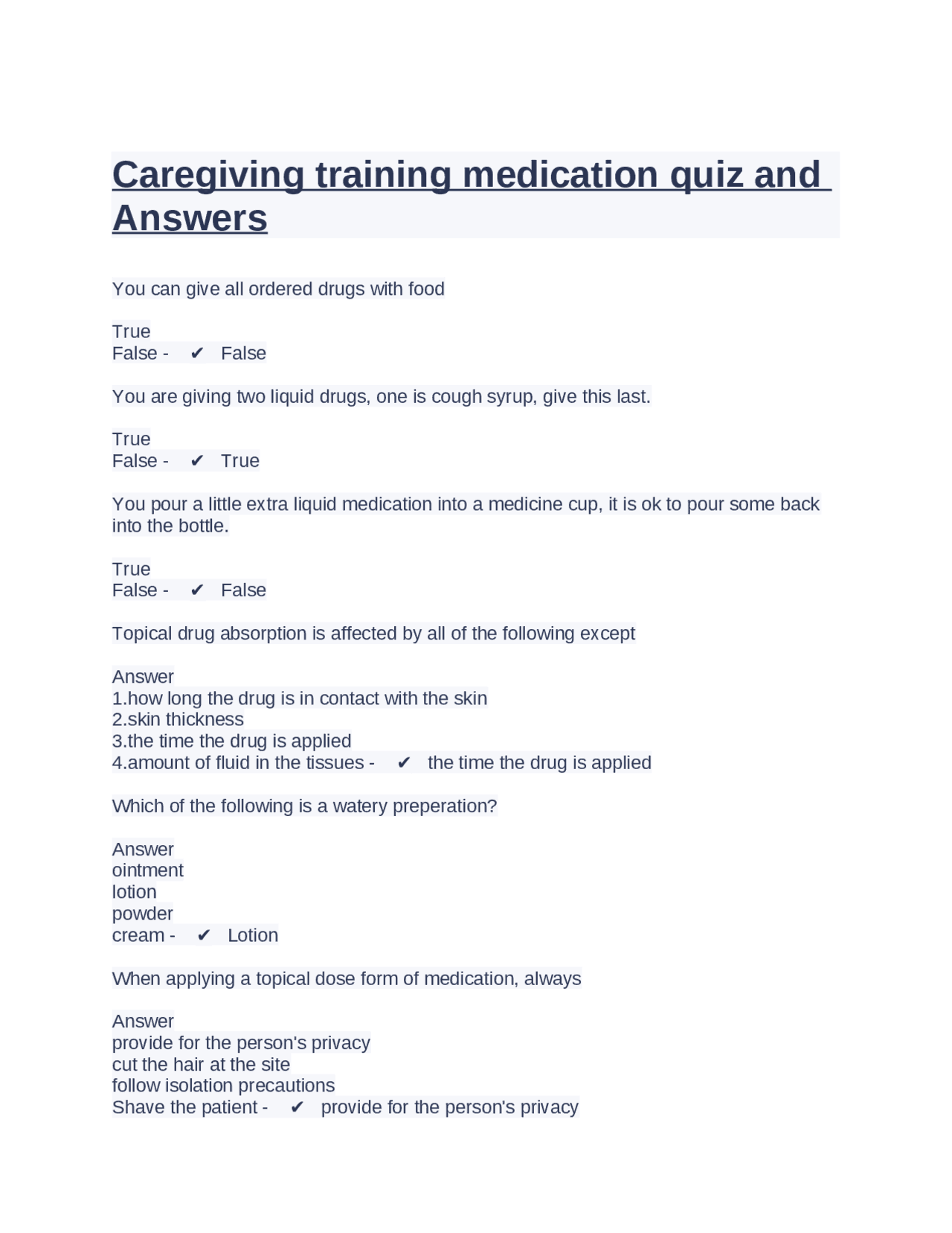 Caregiving training medication quiz and Answers | Exams Nursing | Docsity