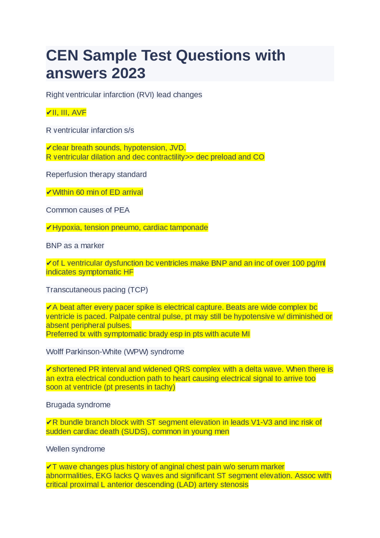 CEN Sample Test Questions with answers 2023 | Exams Nursing | Docsity