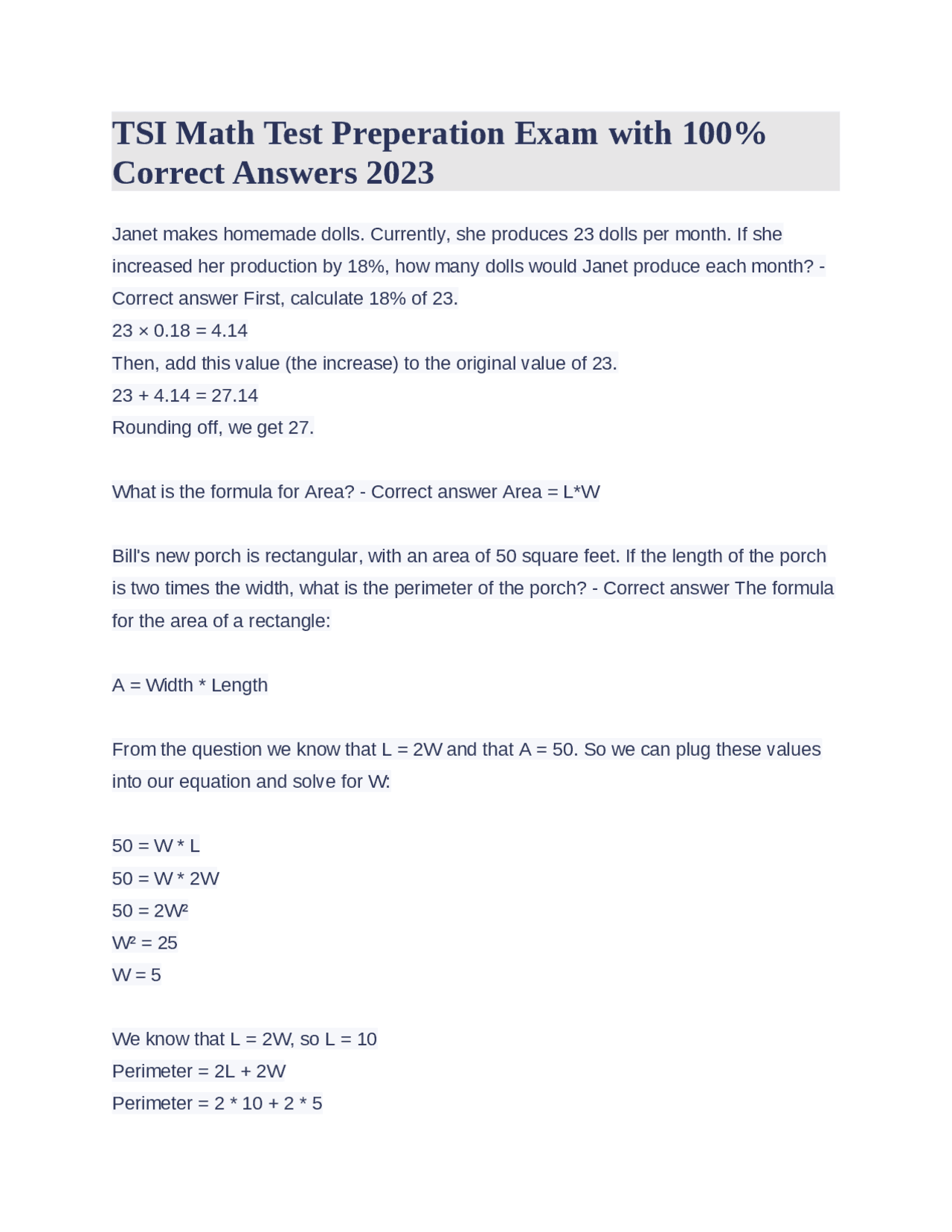 TSI Math Test Preperation Exam with 100% Correct Answers 2023 | Exams ...