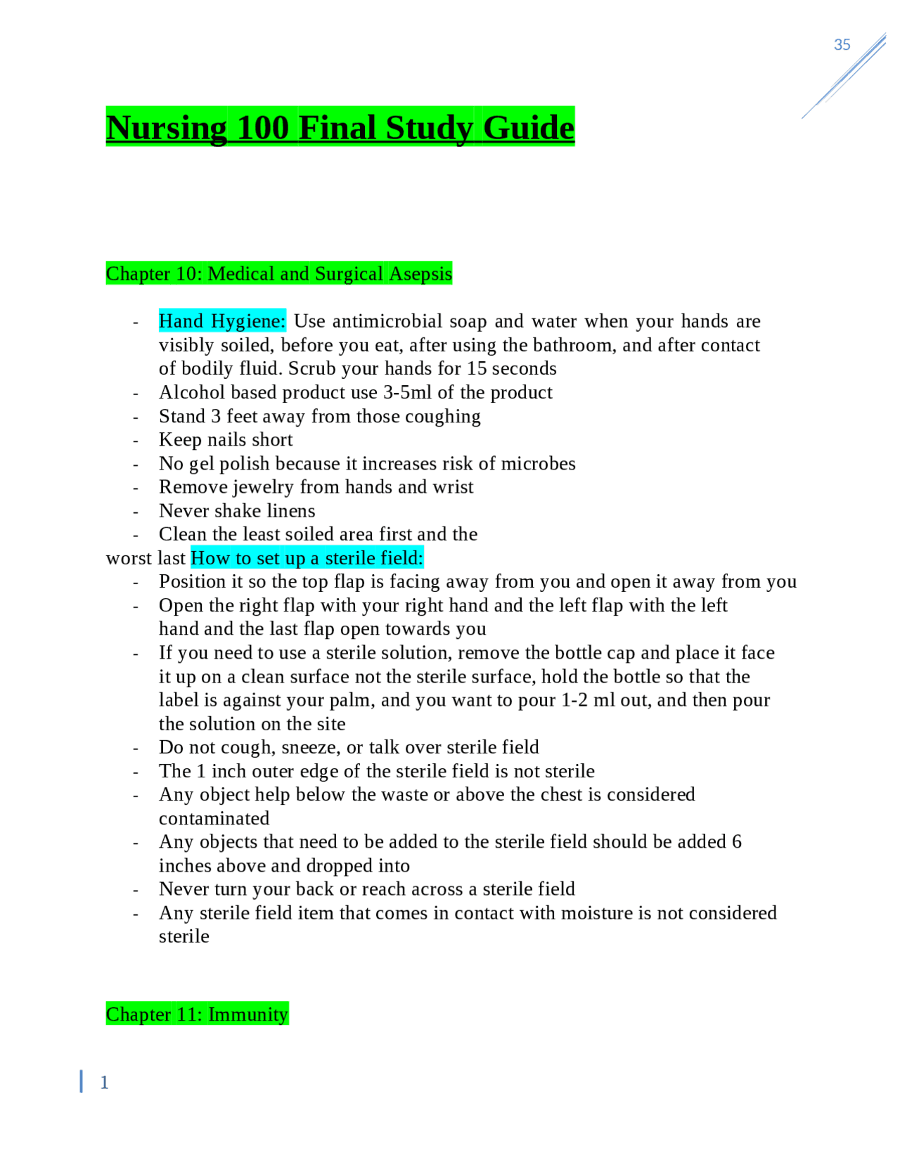 Nursing 100 Final Study Guide | Exams Nursing | Docsity