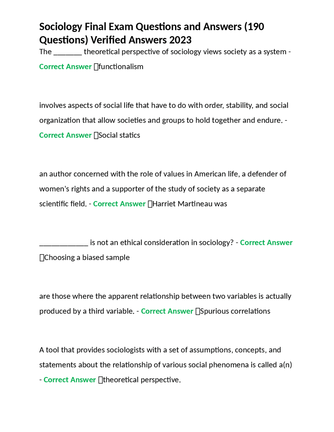 Sociology Final Exam Questions and Answers (190 Questions) Verified ...
