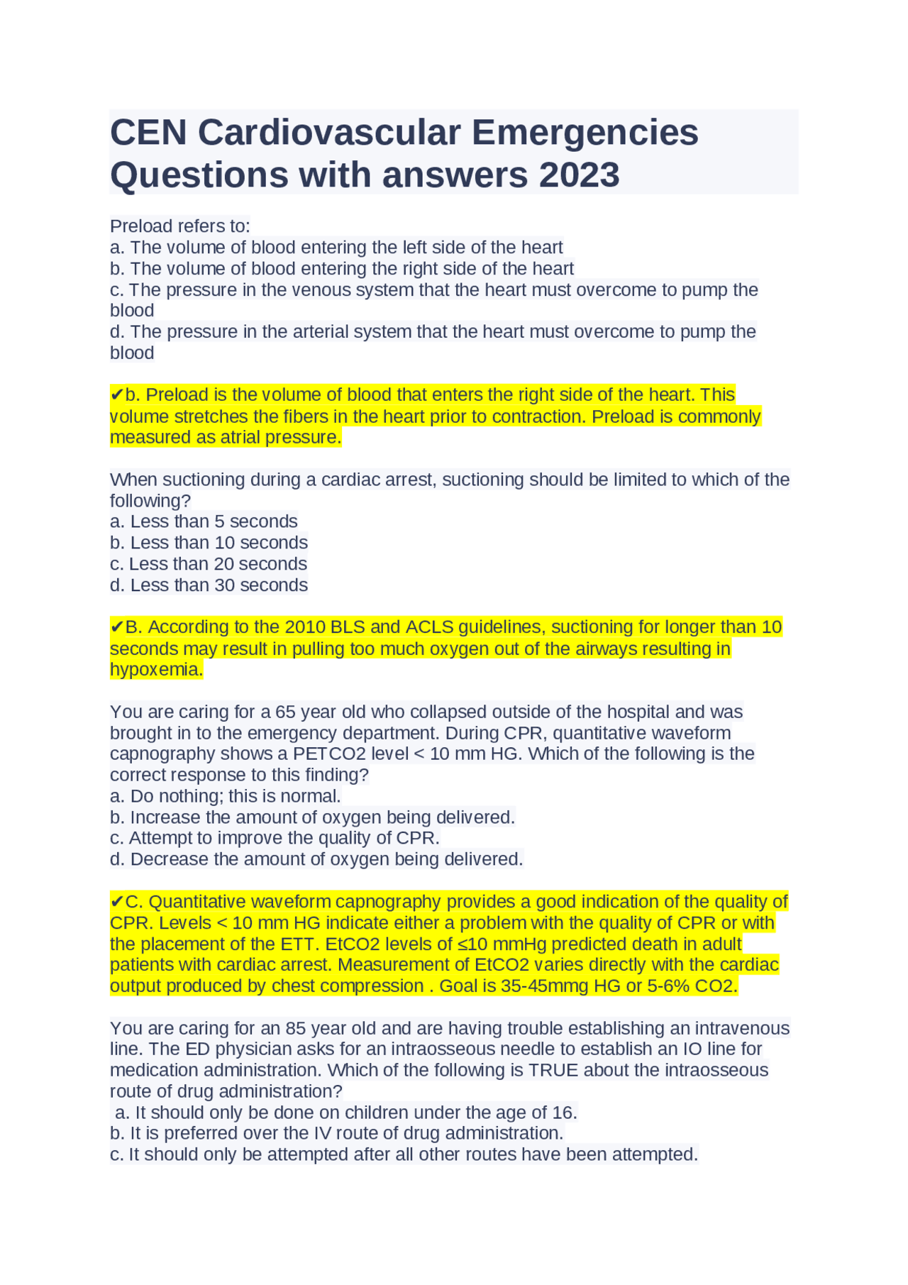 CEN Cardiovascular Emergencies Questions with answers 2023 | Exams ...
