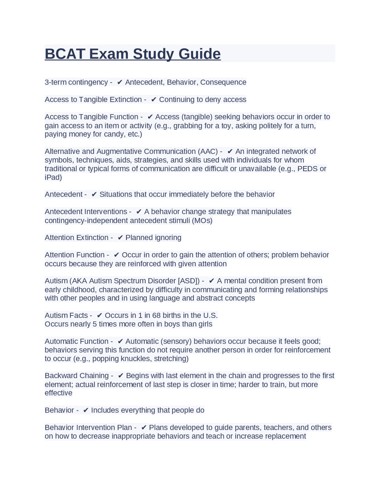 BCAT Exam Study Guide | Exercises Nursing | Docsity