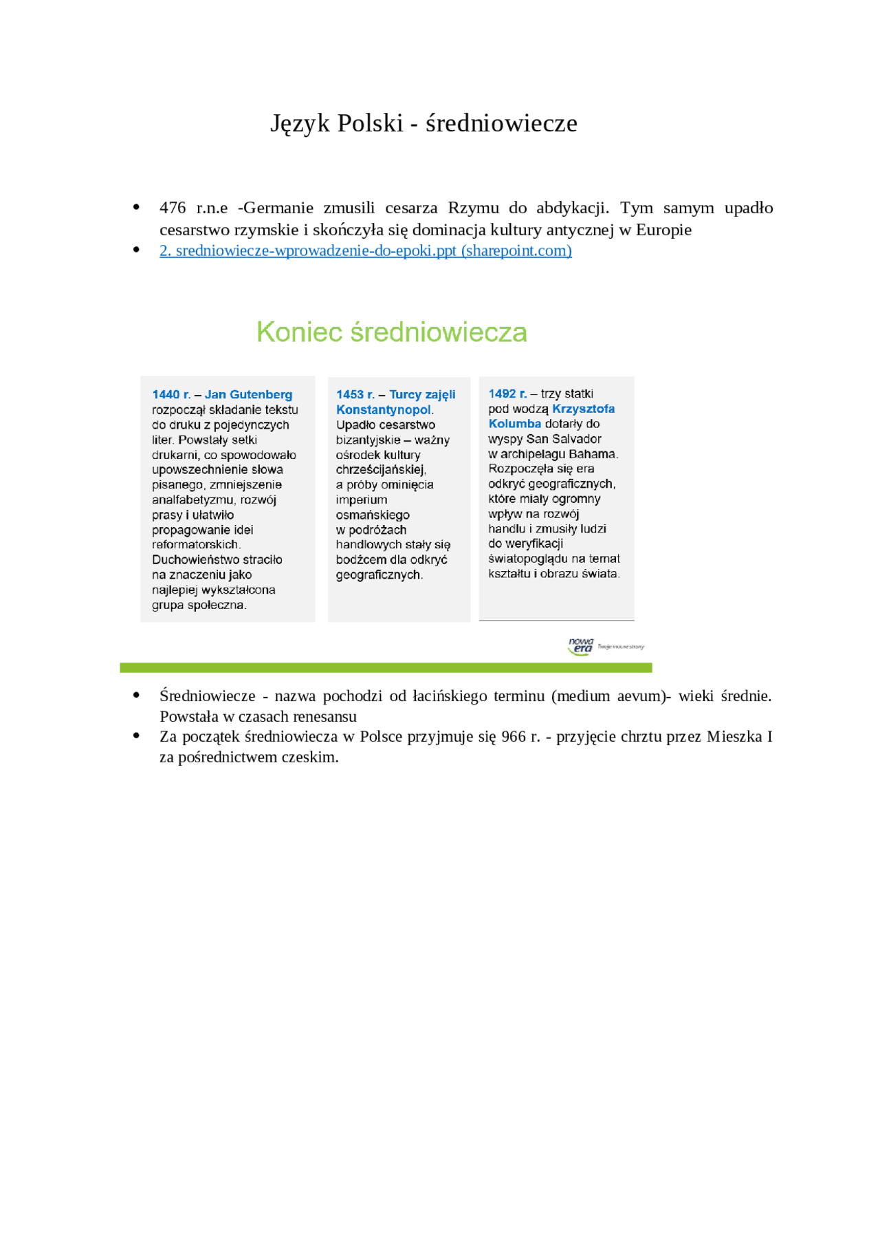 Język Polski - średniowiecze | Notatki Język polski | Docsity